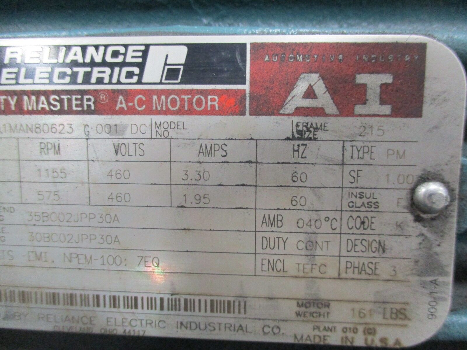 Reliance AI Duty Master AC Motor 01MAN80623 G 001 DC 0.2/0.5HP New Surplus