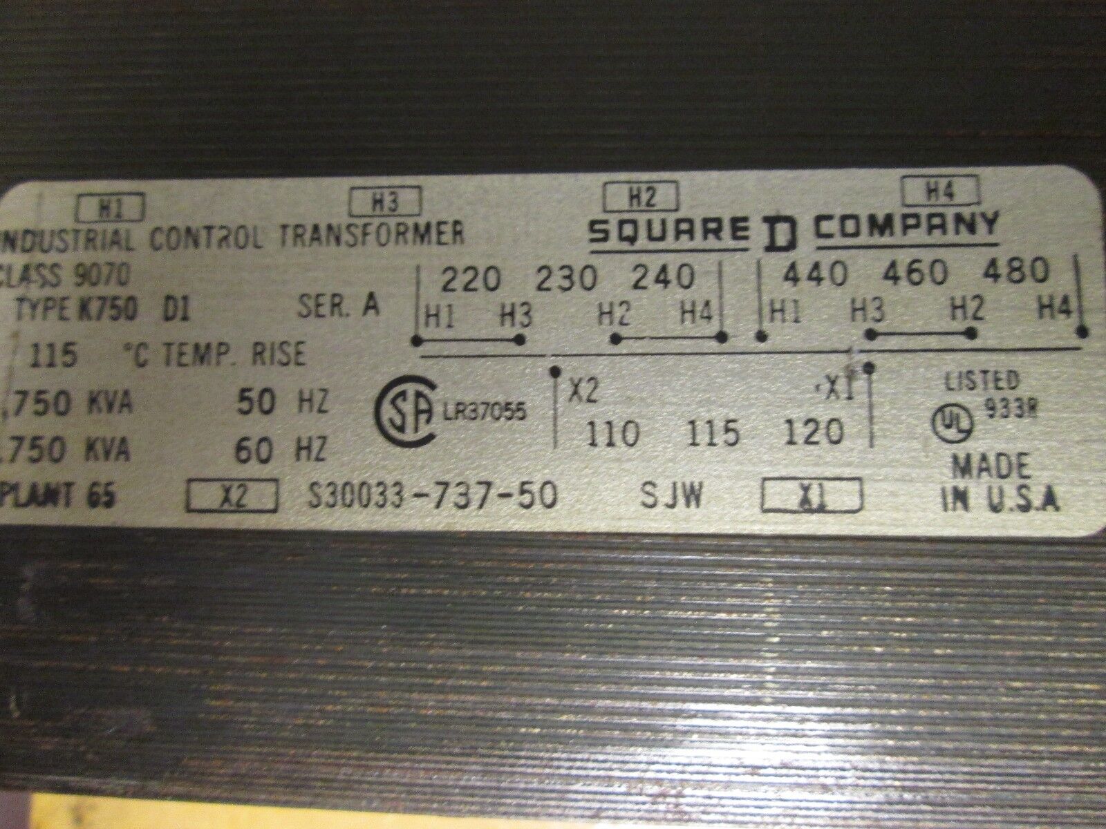 Square D Control Transformer 9070K750 .750KVA Pri: 240/480 Sec: 120V Used