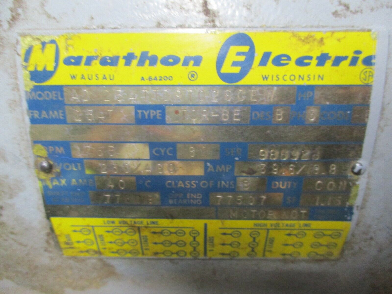 Marathon AC Motor AD 254TTD7026CEW 15HP 1800RPM FR:254T 230/460V 39.6/19.8A Used