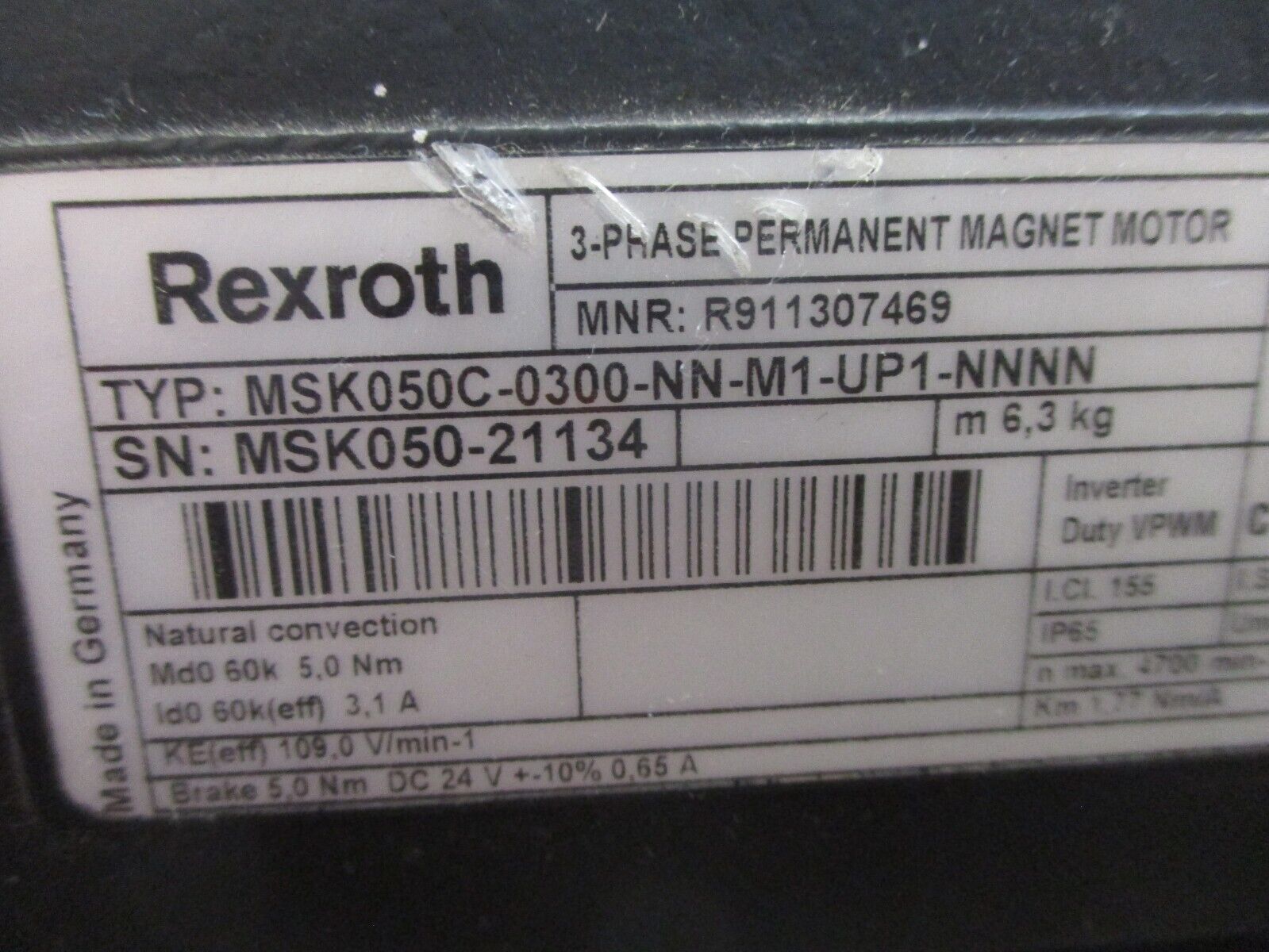 Rexroth Servo Motor MSK050C-0300-NN-M1-UP1-NNNN 600V 1.77Nm/A nMax: 4700min-1