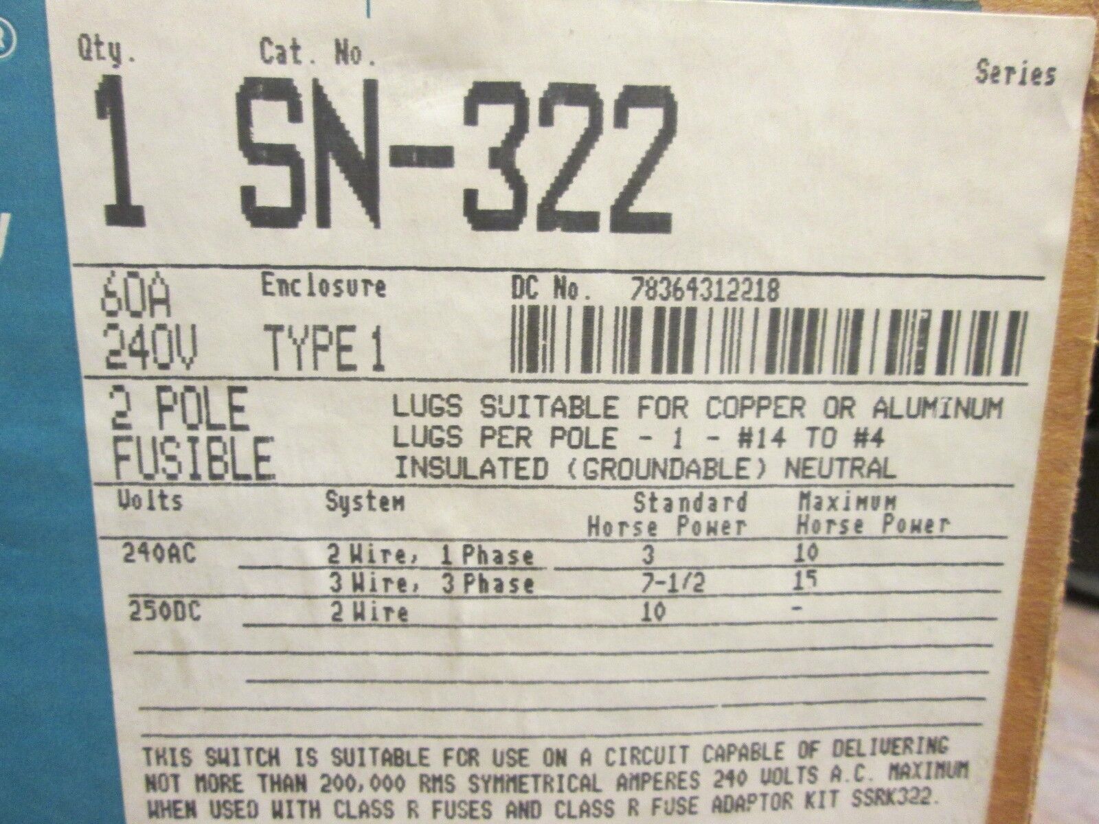 ITE Safety Switch SN-322 60A 240V 2P New Surplus