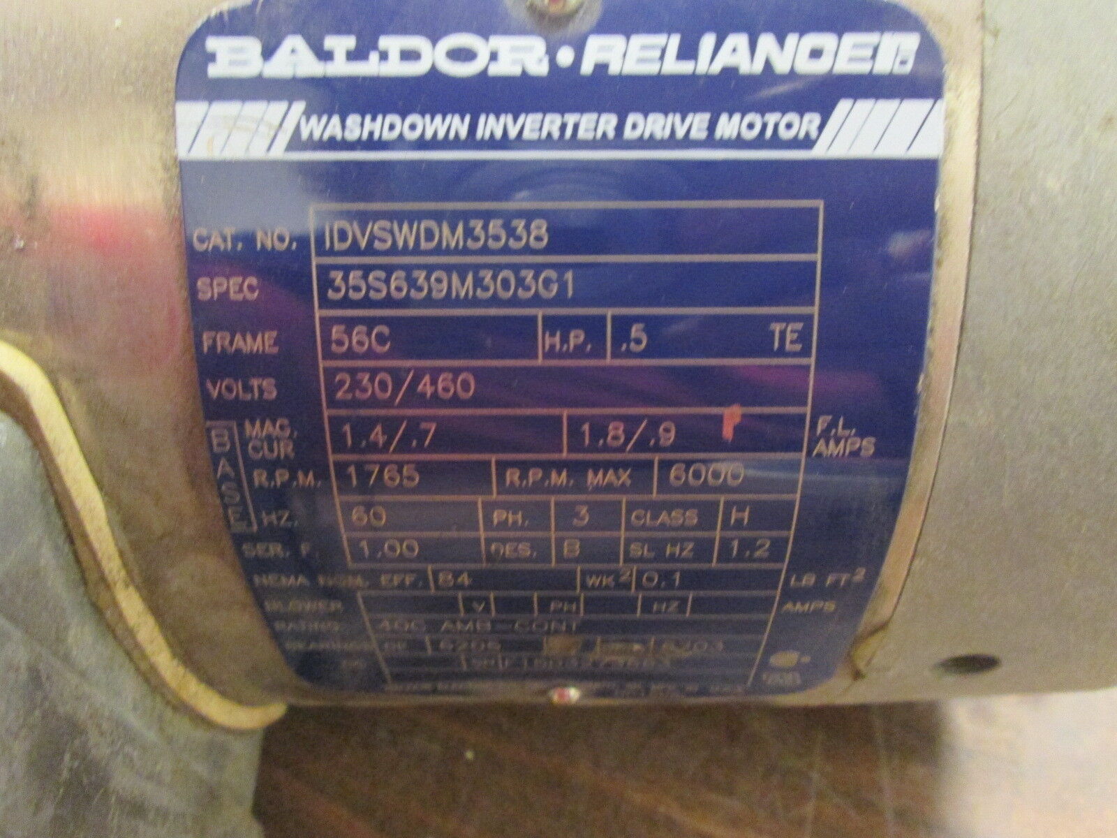 Baldor Stainless Steel Washdown Motor IDVSWDM3538 .5HP 1800RPM FR:56C 230/460V