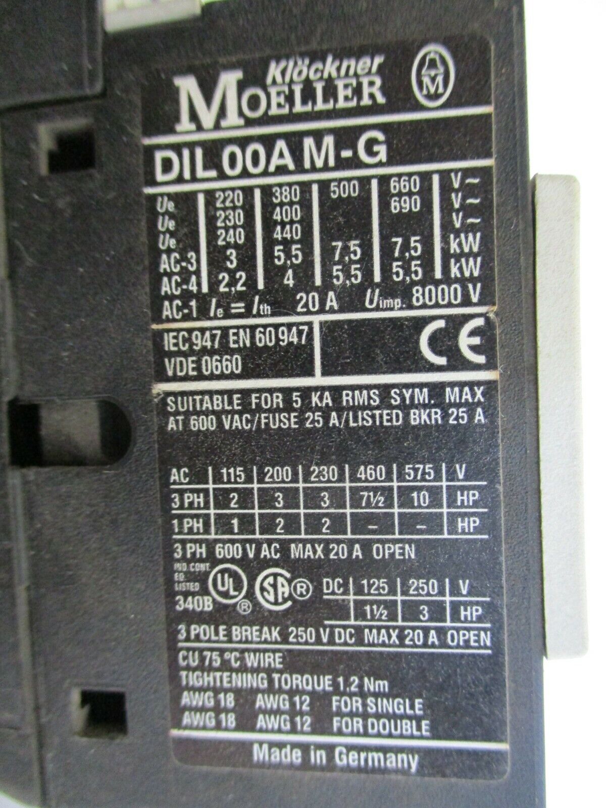 Klockner Moeller Contactor DIL00A M-G 24VDC Coil 20A 600V Used