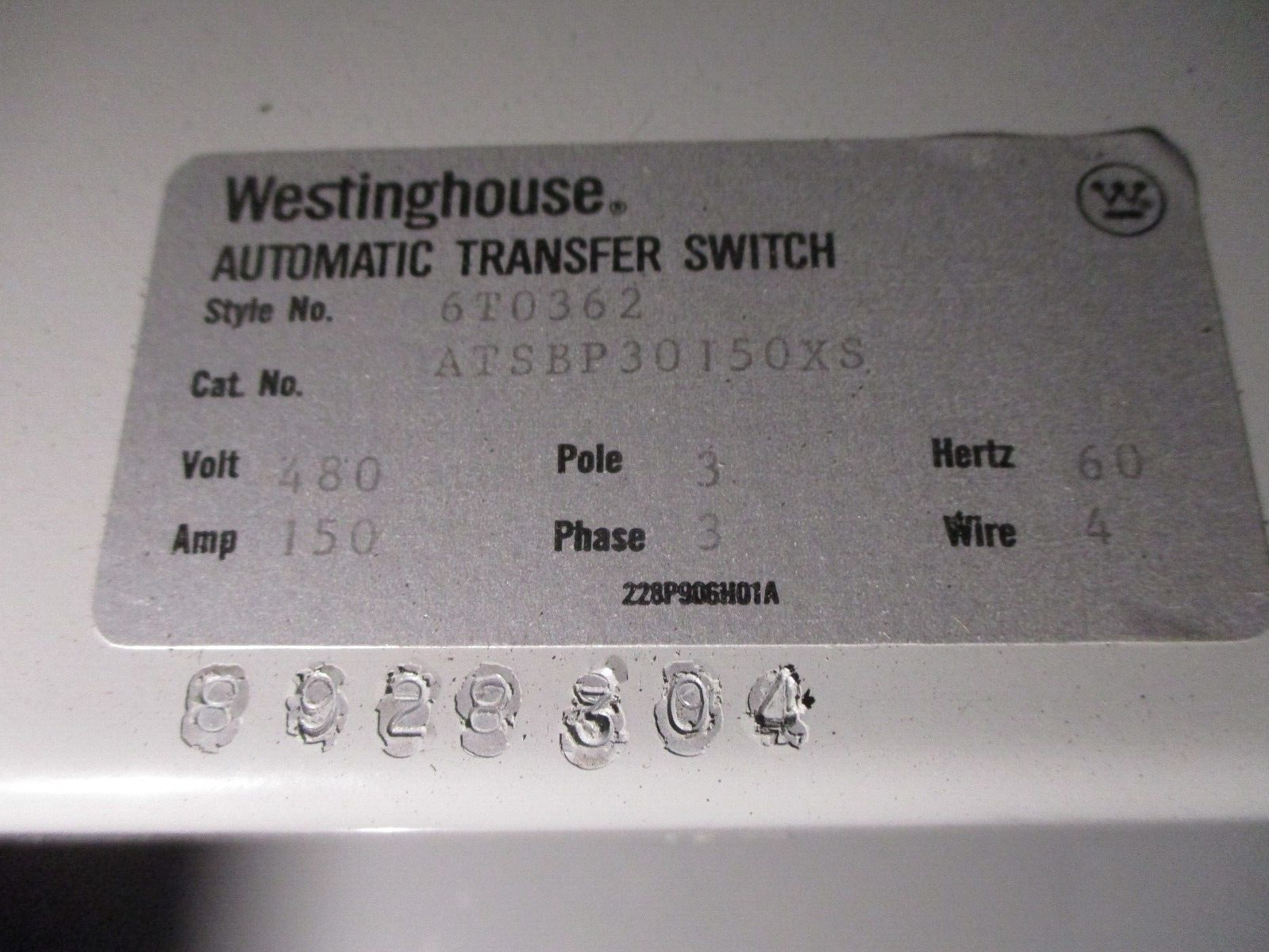 Westinghouse Automatic Transfer Switch ATSBP30150XS 150A 480V 60Hz 3Ph 3P 4W