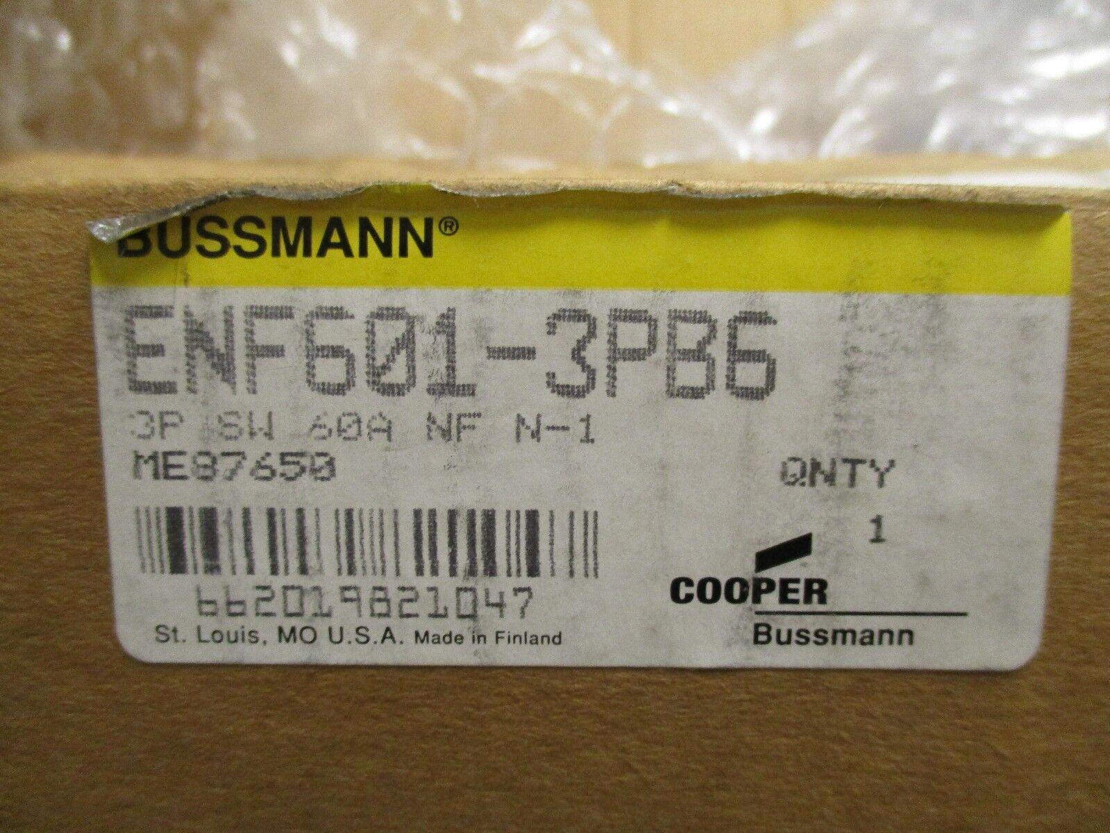 Bussmann Enclosed Switch ENF601-3PB6 60A 3P New Surplus