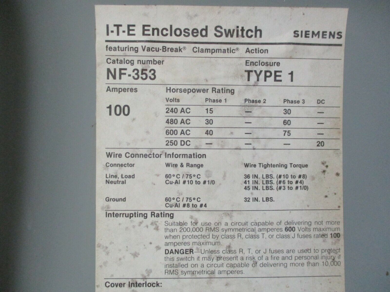 ITE Non-Fusible Safety Switch/Disconnect NF353 100A 600V 3Ph Used