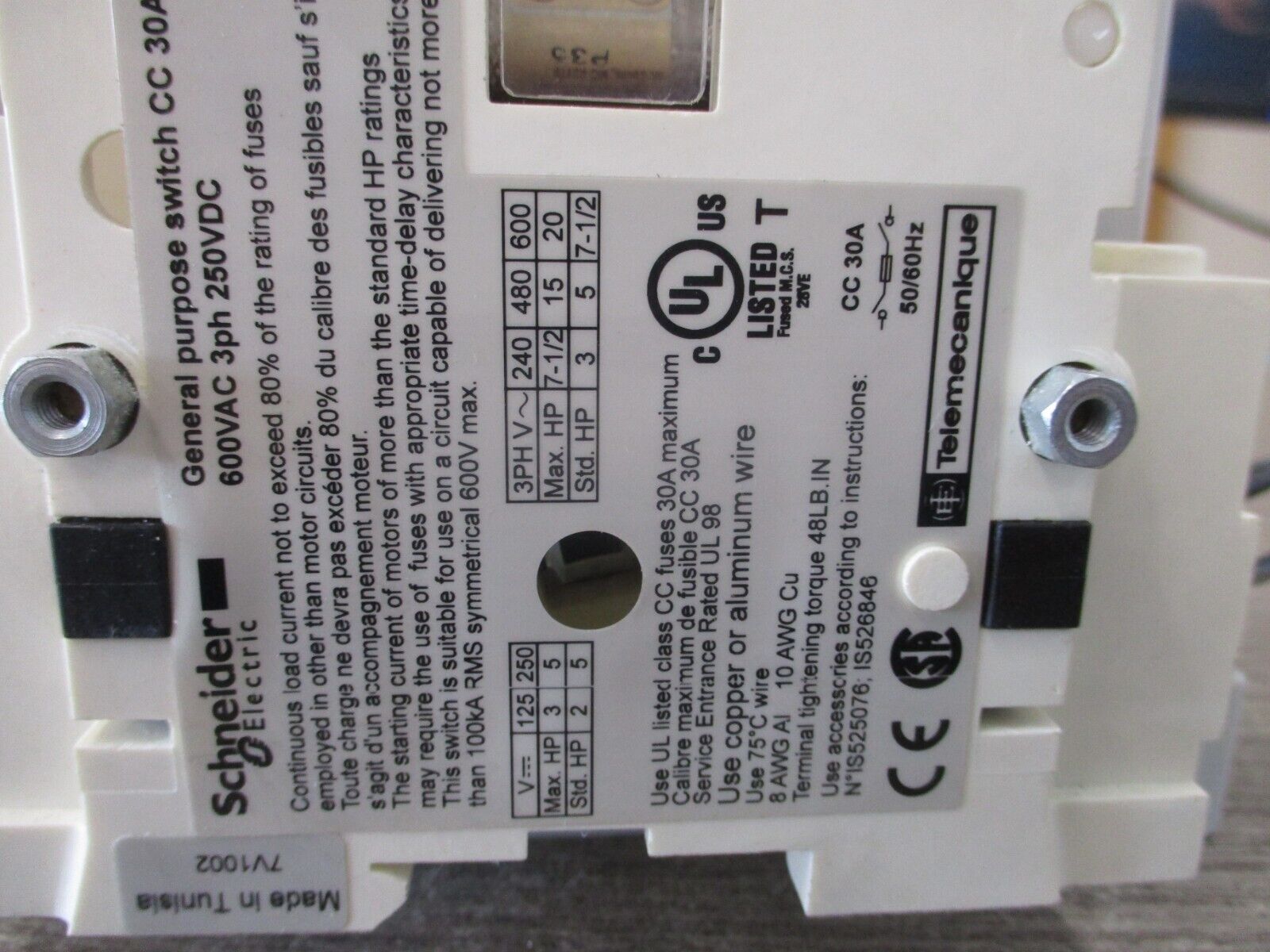 Schneider Electric Fusible General Purpose Switch GS1EERU30 30A 600V 3P Used