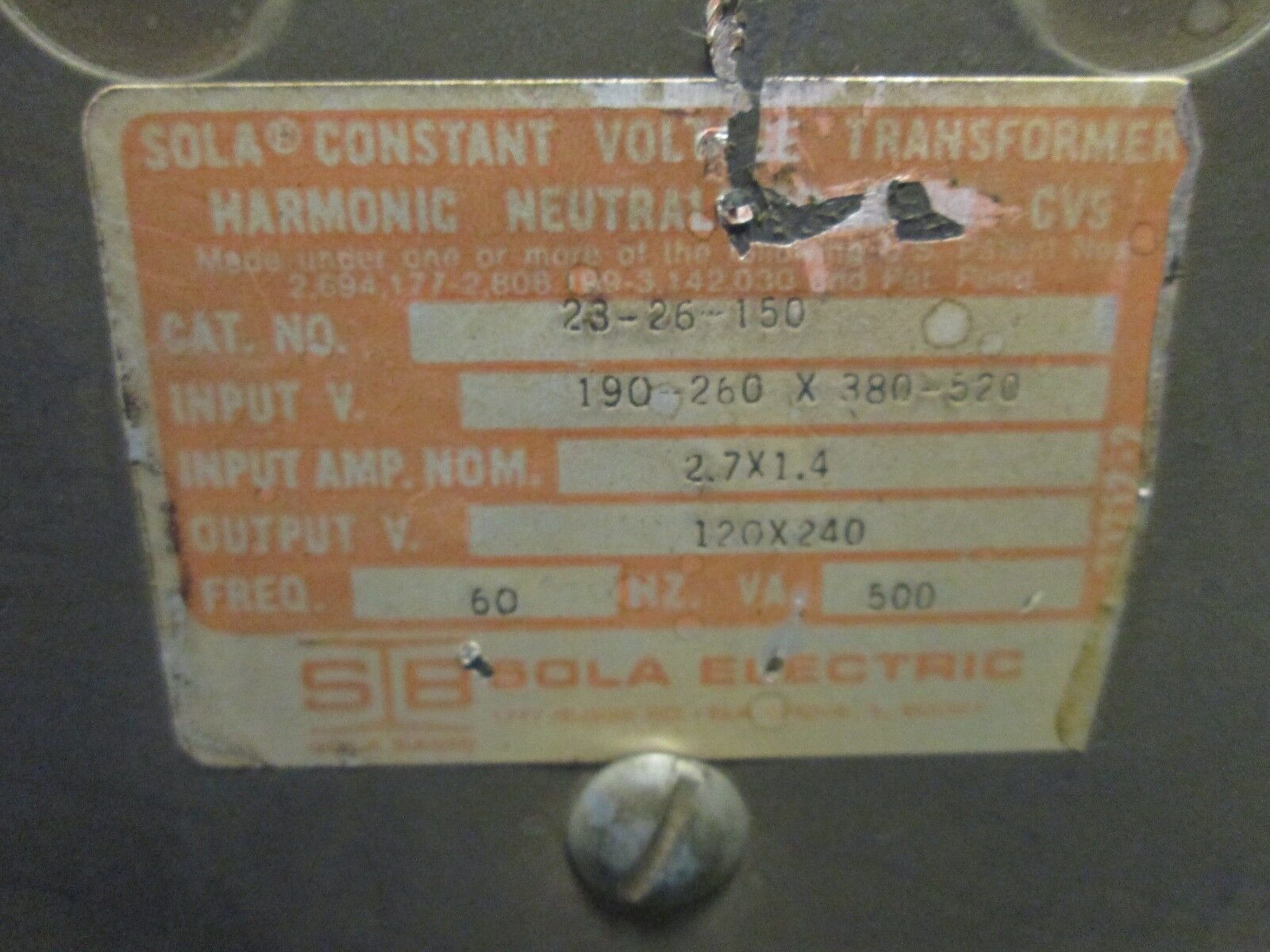 Sola Constant Voltage Transformer 23-26-150 500VA Used