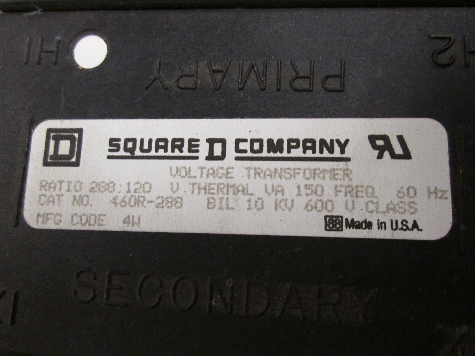 Square D Voltage Transformer 460R-288 Ratio 288:120 10KV BIL 150VA 60Hz Used