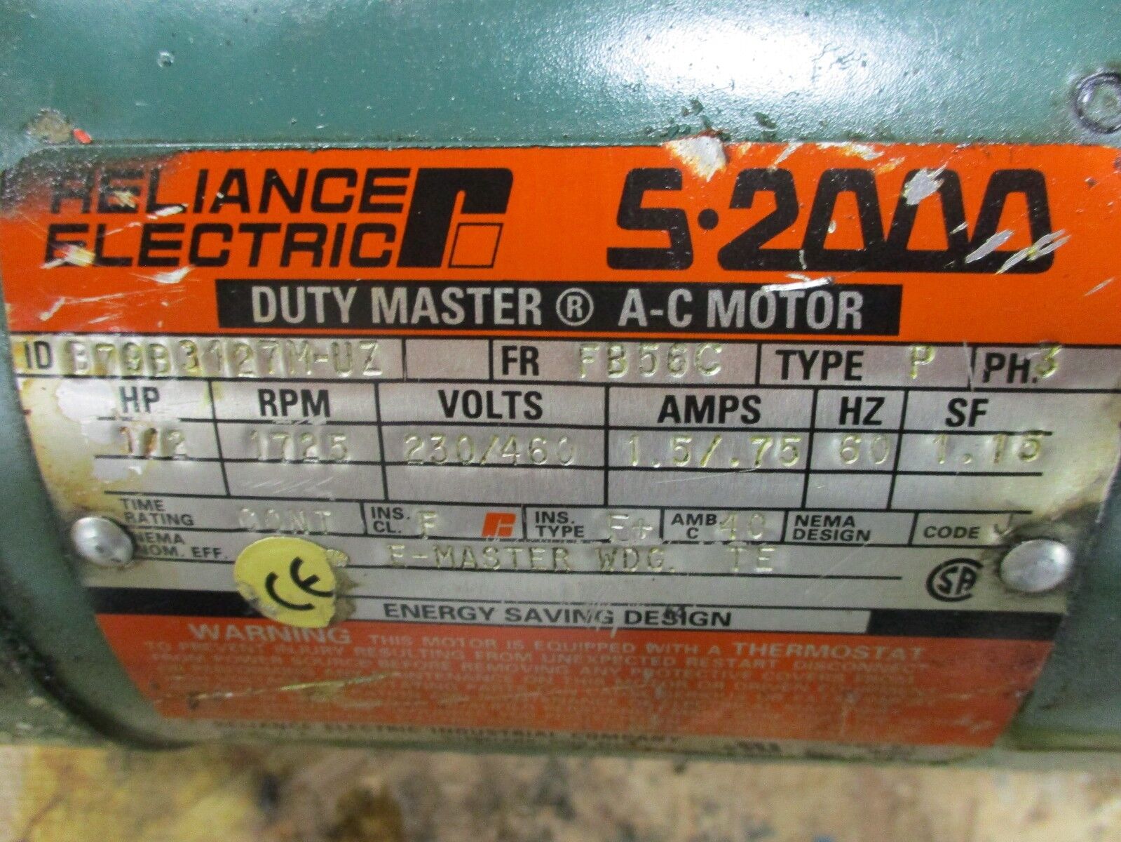 Reliance Duty Master AC Motor w/ Gear B79B3127M-UZ 1/2HP 1800RPM FR:FB56C Used