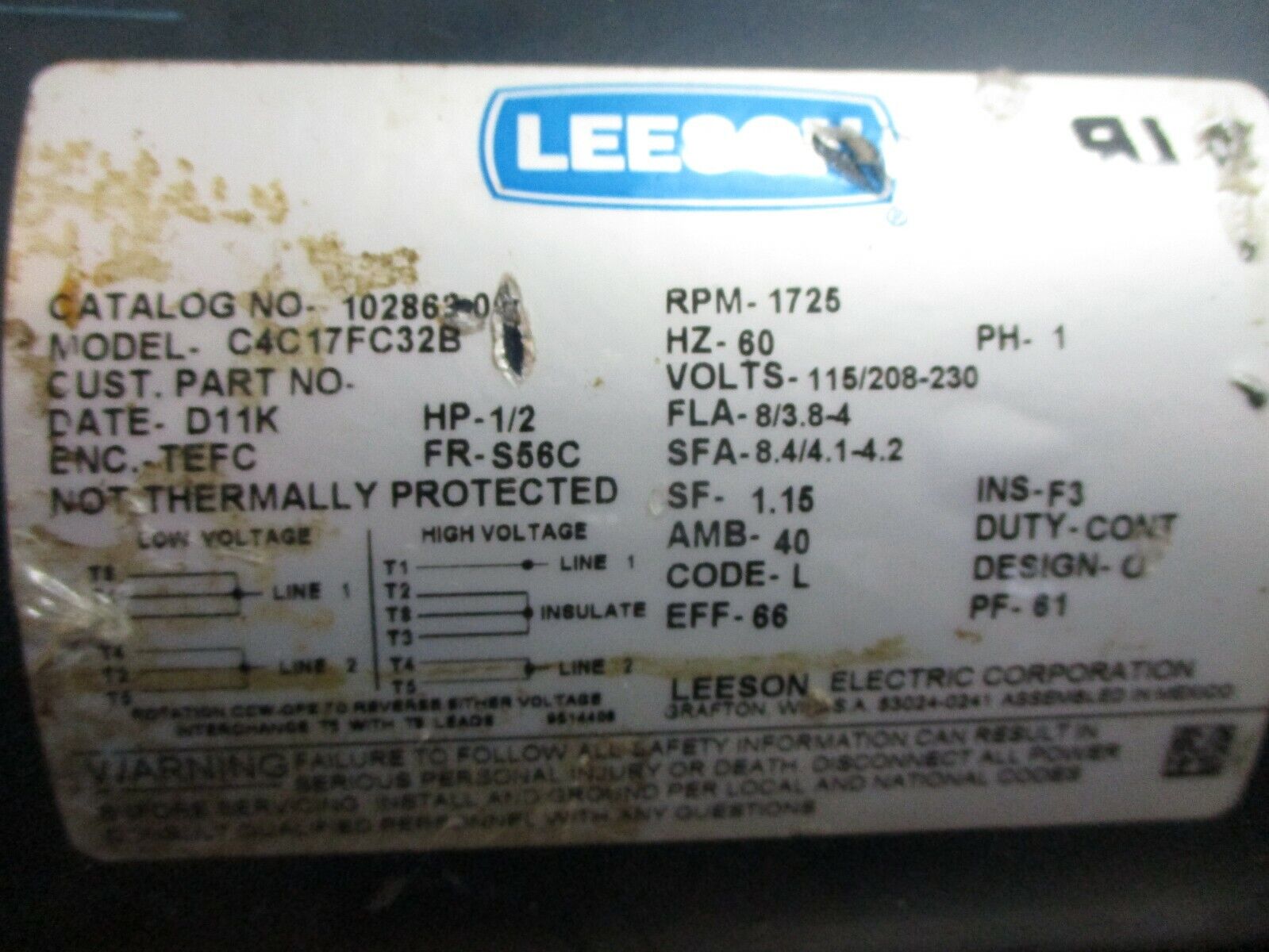 Leeson Motor w/ Mixer Attachment 1028630 1/2HP 1800RPM 115/208-230V 1Ph 60Hz