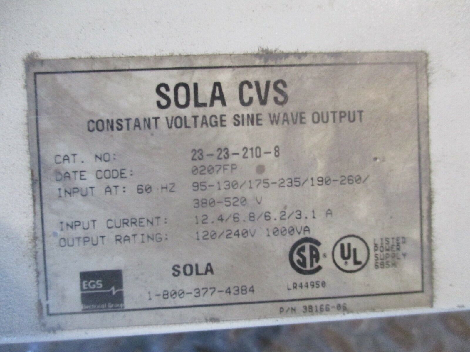 Sola Constant Voltage Sine Wave Output Transformer 23-23-210-8 1000VA Used