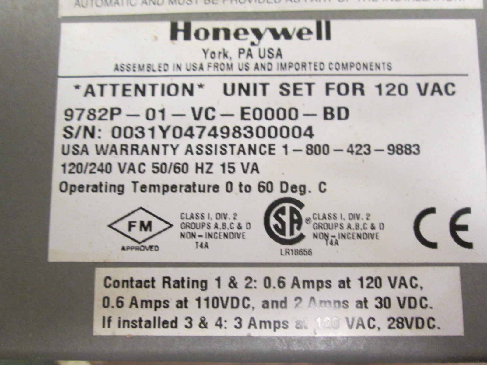 Honeywell Controller 9782P-01-VC-E0000-BD 120/240VAC 50/60Hz 15VA Used