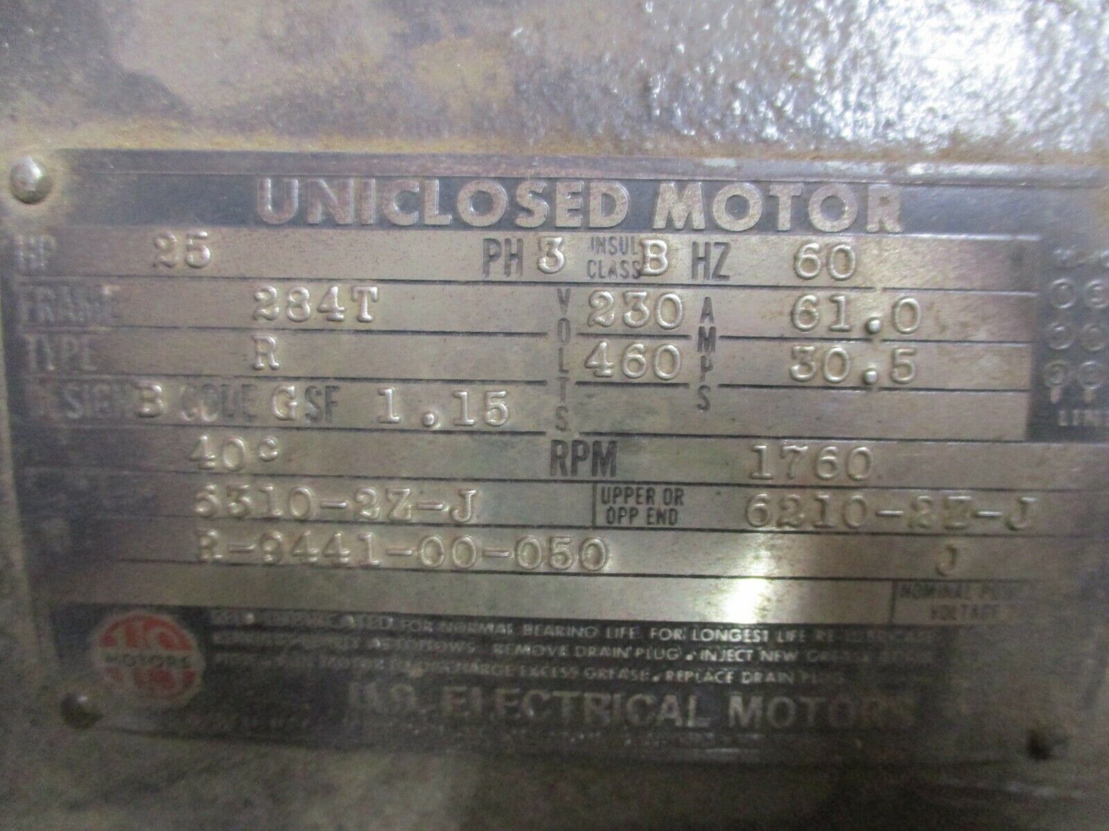 US Motors Uniclosed AC Motor 25HP 1800RPM 230/460V 61.0/30.5A Frame: 284T Used