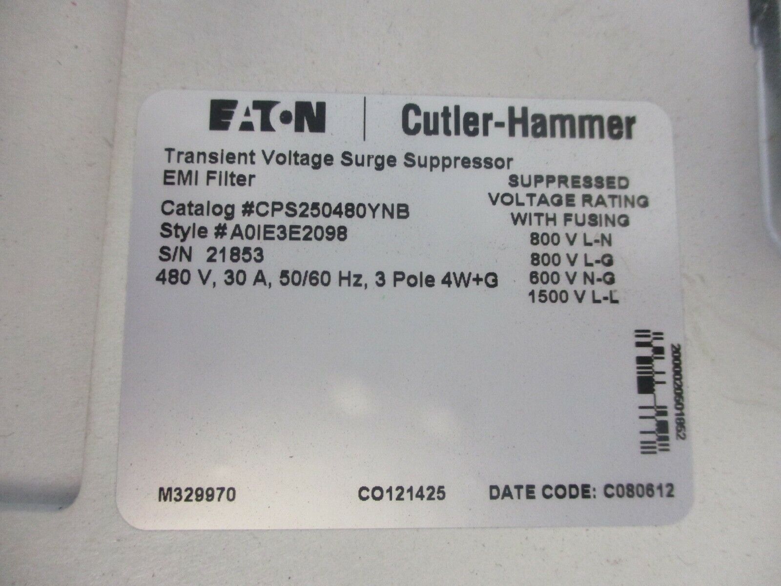 Eaton/Cutler-Hammer Surge Suppressor/EMI Filter CPS250480YNB 480V 30A 3P 50/60Hz