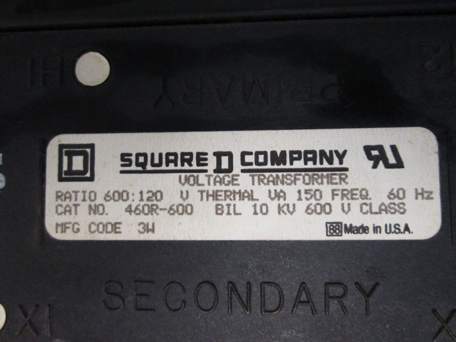 Square D Voltage Transformer 460R-600 Ratio 600:120V 10KV BIL 150VA 60Hz Used