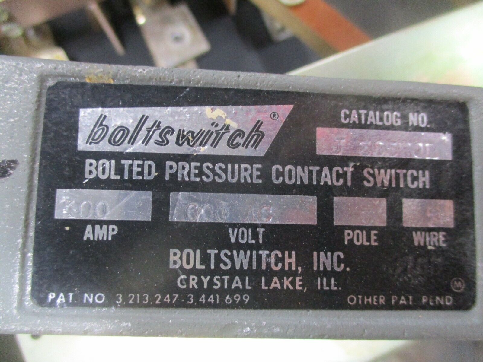 Boltswitch Bolted Pressure Contact Switch J 365WOL 400A 600V 3W 3P No Fuses Used