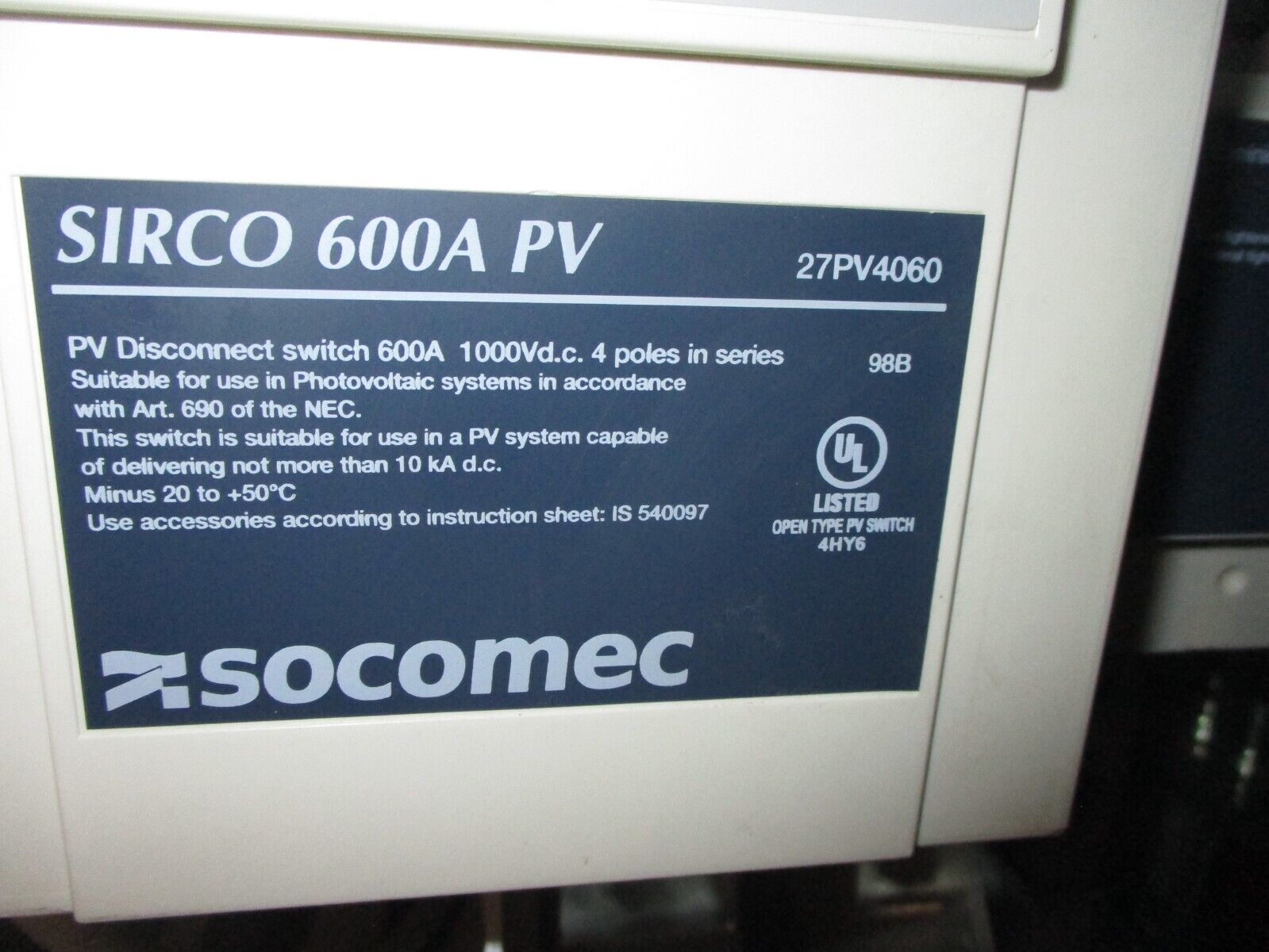 Socomec Enclosed Sirco Phto Voltaic DC Disconnect Switch 27PV4060 600A 1000VDC