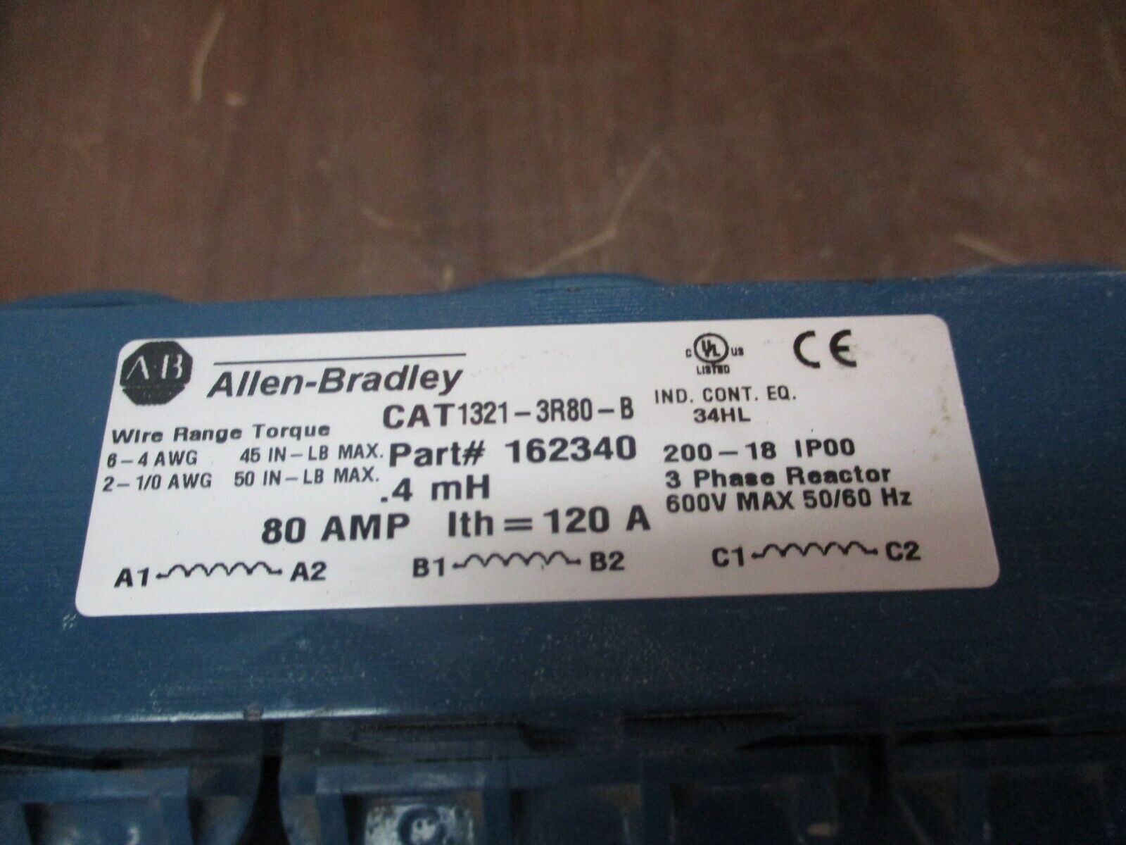 Allen-Bradley 3 Phase Line Reactor 1321-3R80-B 0.4mH 600V 50/60Hz Used