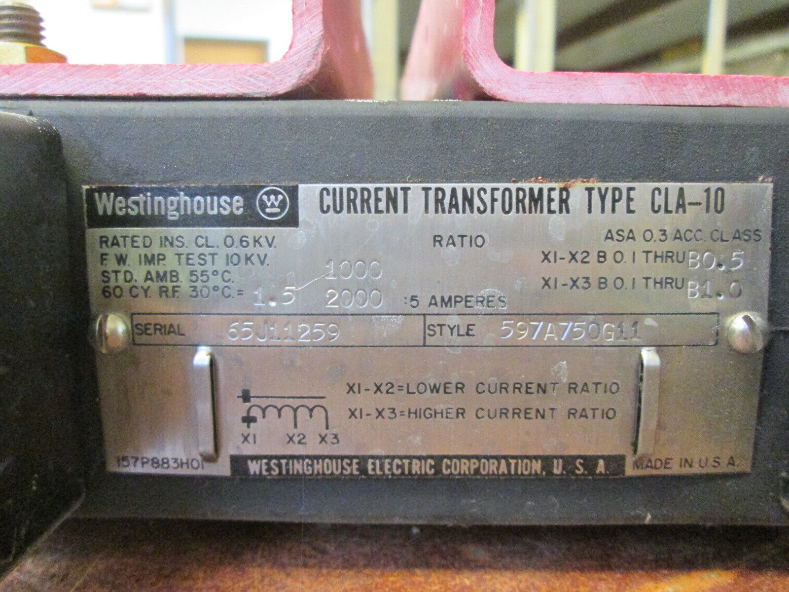 Westinghouse Type CLA-10 Current Transformer 597A750G11 Ratio 2000:5A Used