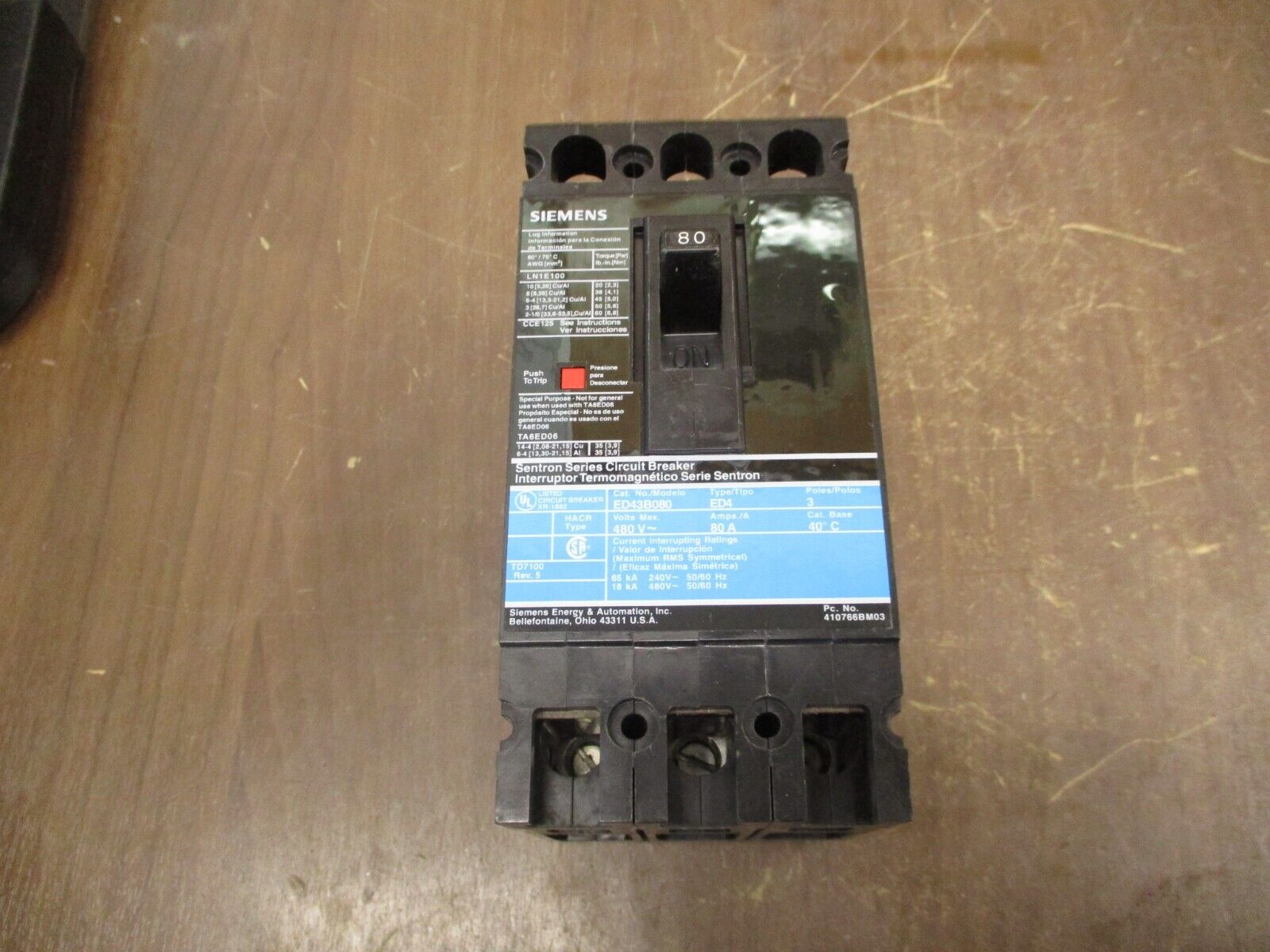 Siemens Sentron Circuit Breaker ED43B080L 80A 480V 3P New Surplus