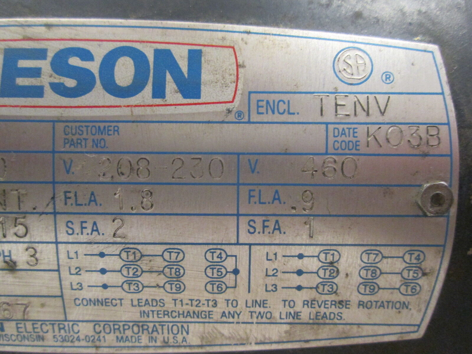 Leeson C6T17NB3E AC Motor 110032.00 ½HP 1725RPM FR:D56 ENCL:TENV 208-230/460V