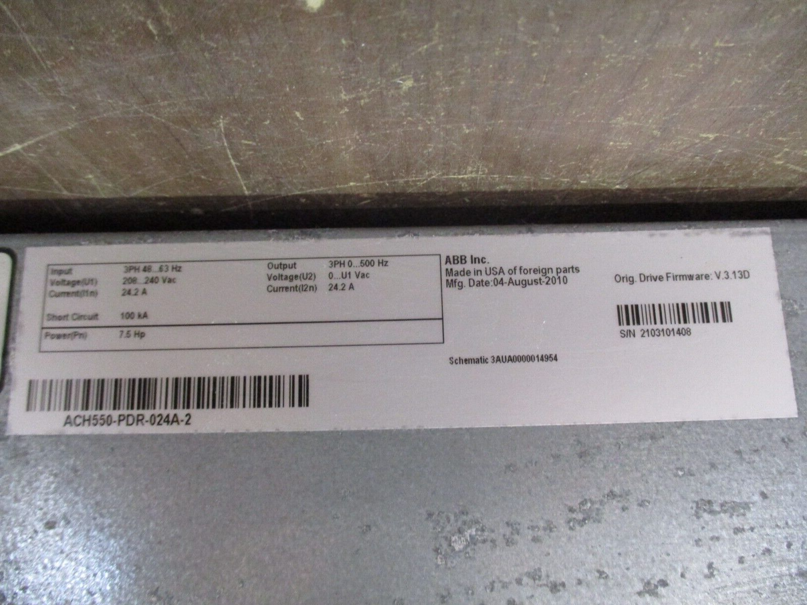 ABB ACH550 AC Drive ACH550-PDR-024A-2 7.5HP 3Ph w/ Keypad w/ Disconnect Used