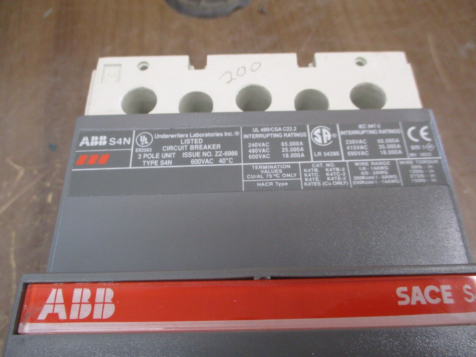 ABB SACE S4 Circuit Breaker S4N PR211 250A 600V 3P Used