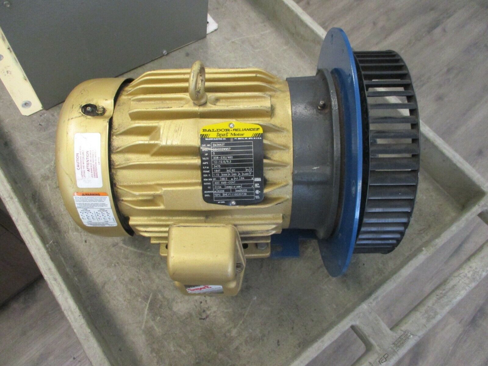 Baldor Reliance Super-E Motor EM3663T 5HP 3475RPM 208-230/460V Frame: 184T Used