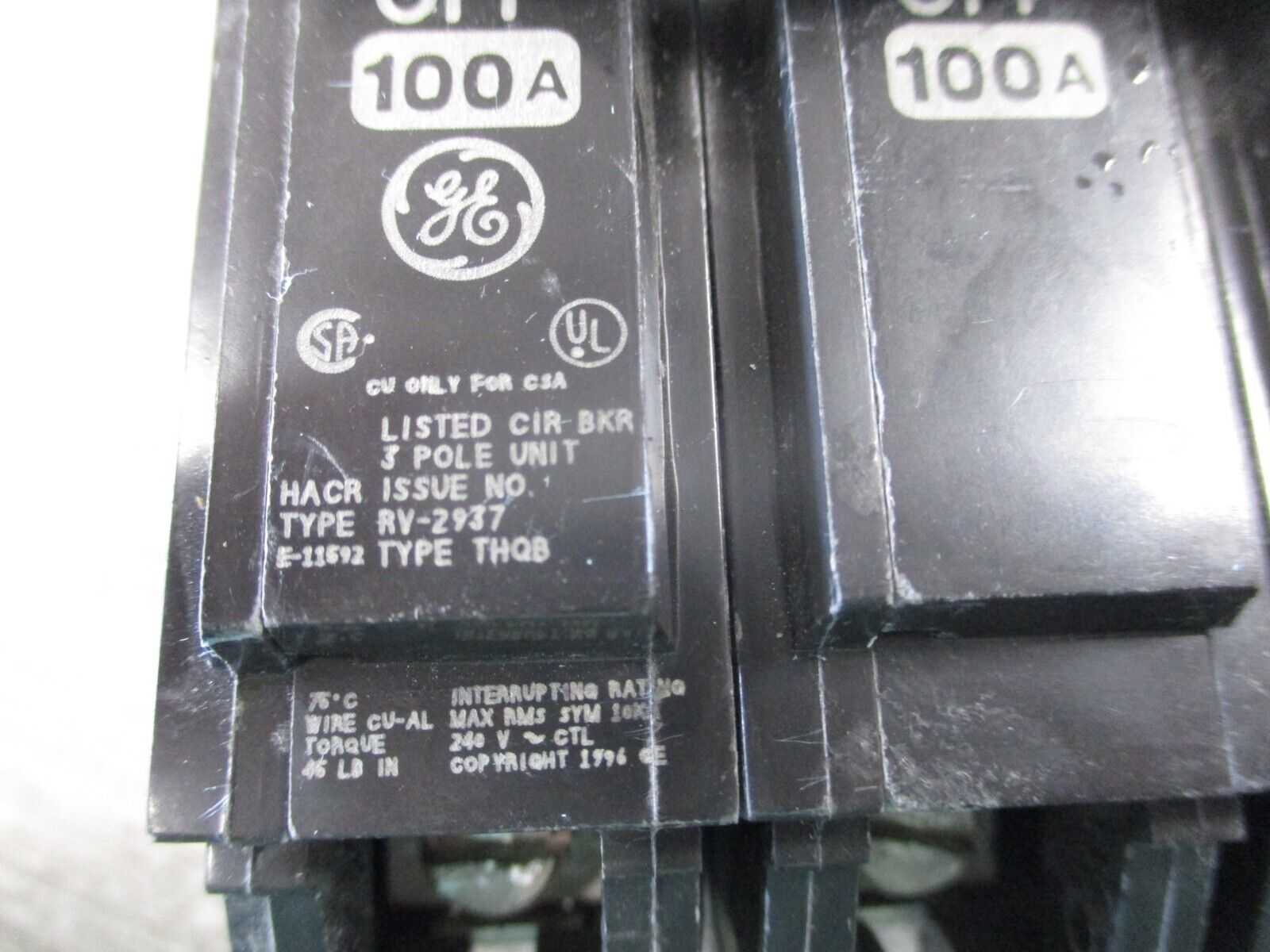 GE Bolt-On Circuit Breaker THQB31100 100A 240V 3P Used