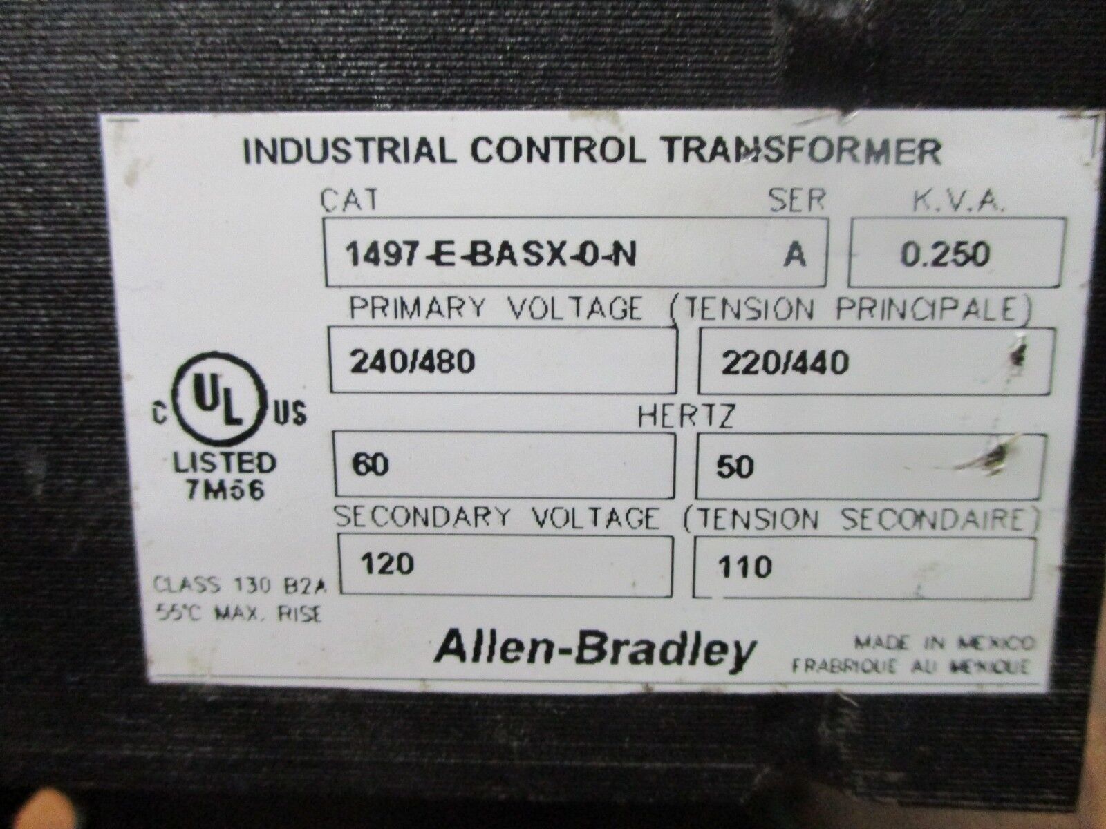 Allen-Bradley Control Transformer 1497-E-BASX-O-N 0.250KVA Pri: 240/480V Used