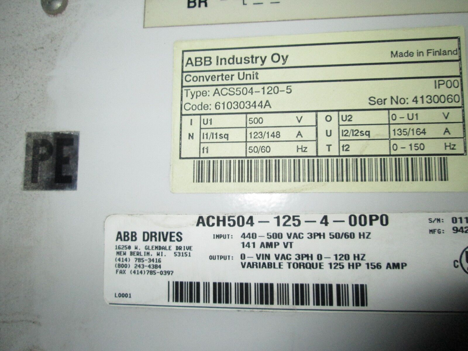 ABB AC Drive w/ Converter Unit ACH504-125-4-00P0 125HP Converter ACS504-120-5