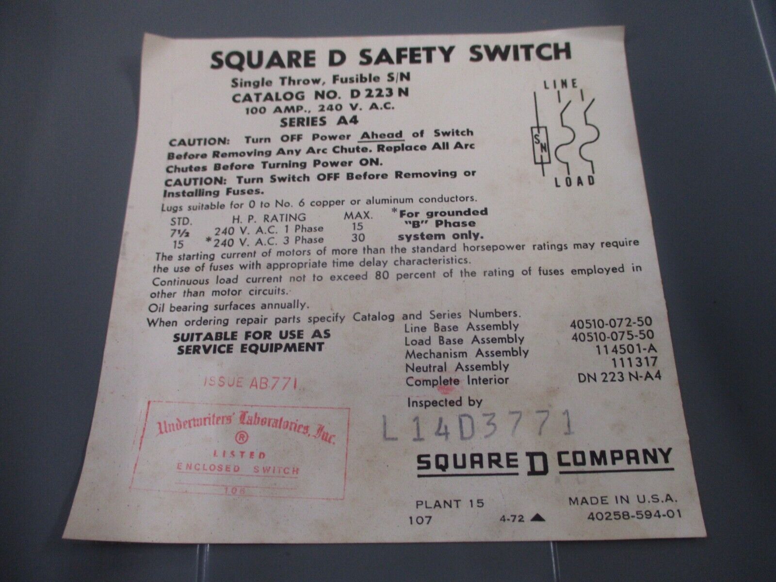 Square D Fusible Safety Switch/Disconnect D223 N Ser.A4 100A 240V 2P Used