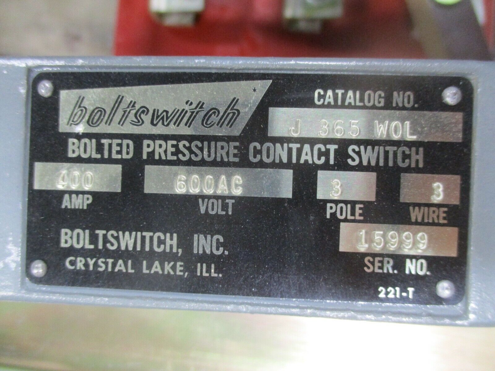 Boltswitch Bolted Pressure Contact Switch J 365WOL 400A 600V 3P 3W No Fuses Used