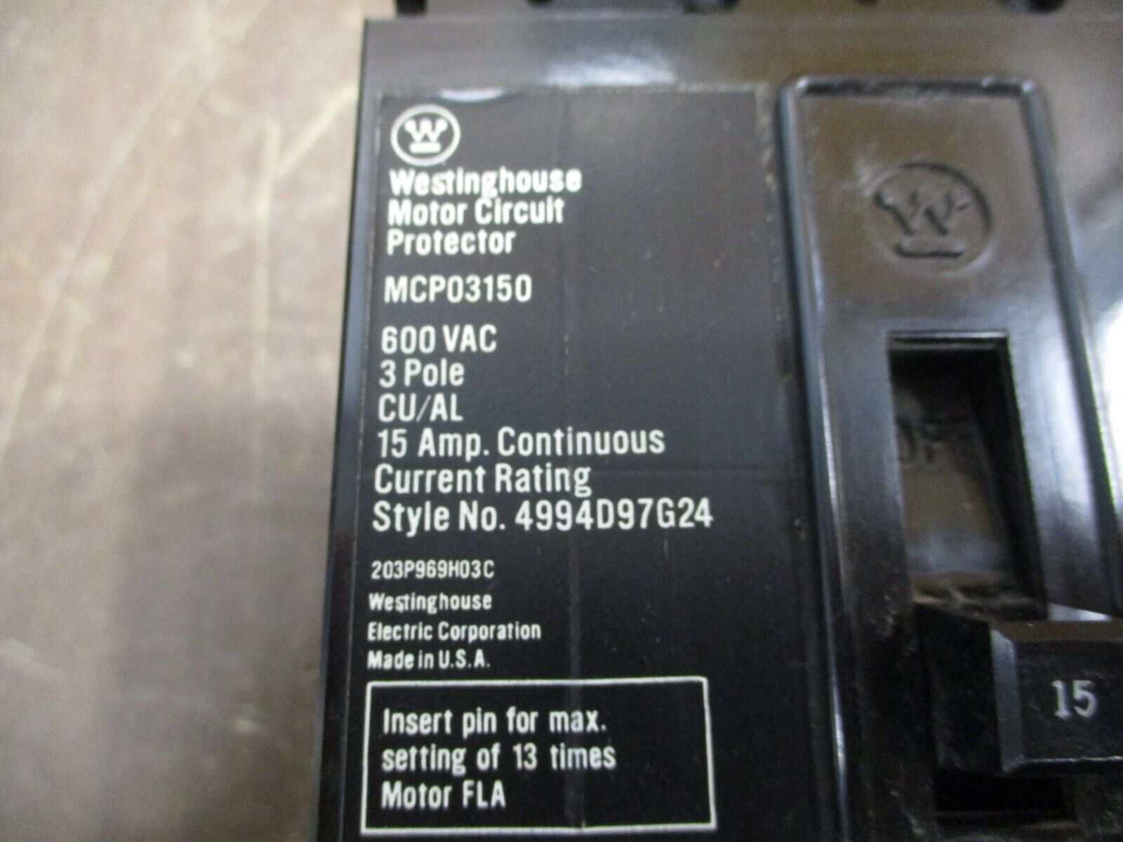 Westinghouse Motor Protector Circuit Breaker MCP03150 15A Trip: 50-150A 600V 3P