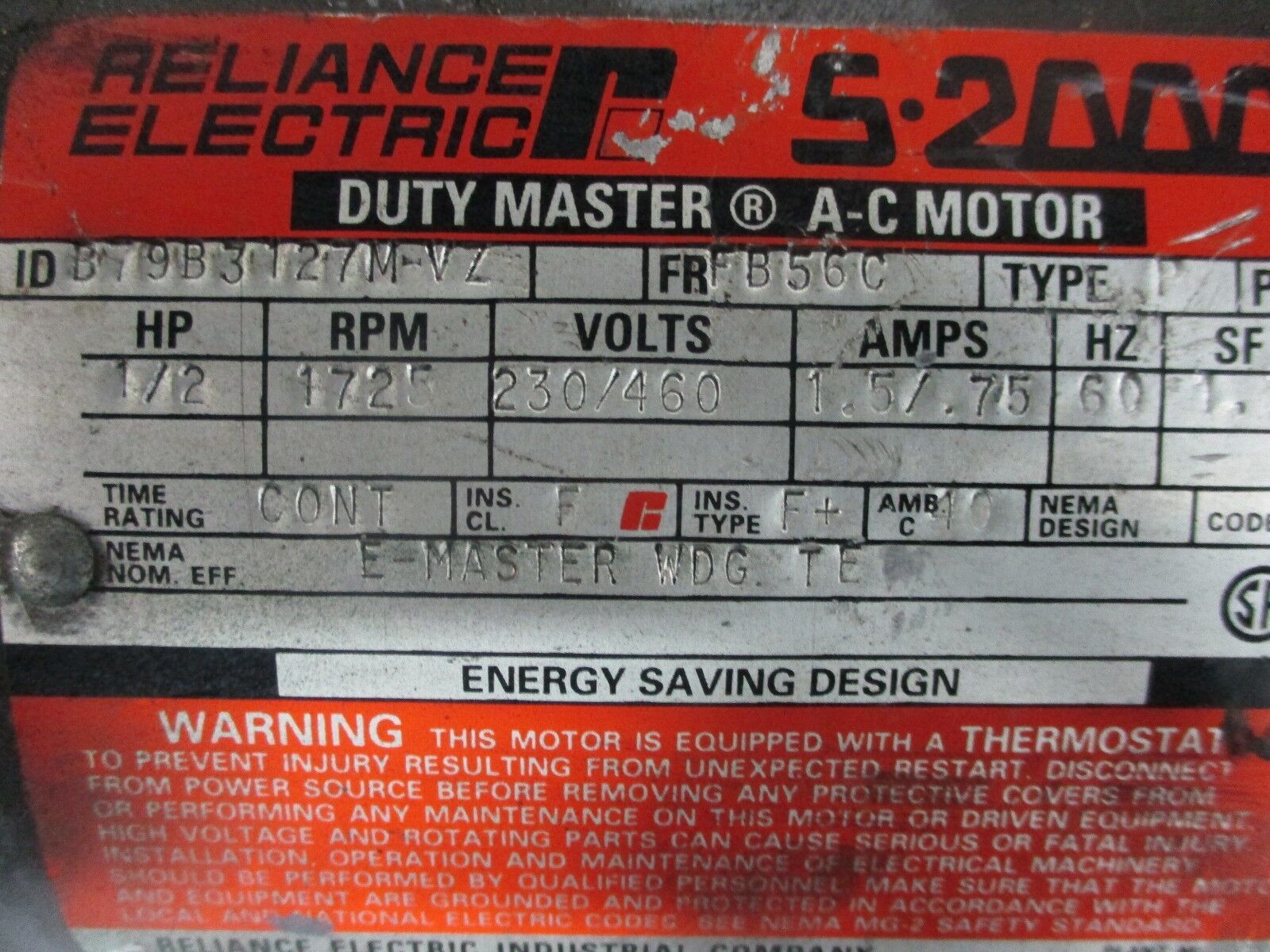 Reliance Duty Master AC Motor B79B3127M-VZ 1/2HP 1800RPM FR:FB56C 230/460V Used