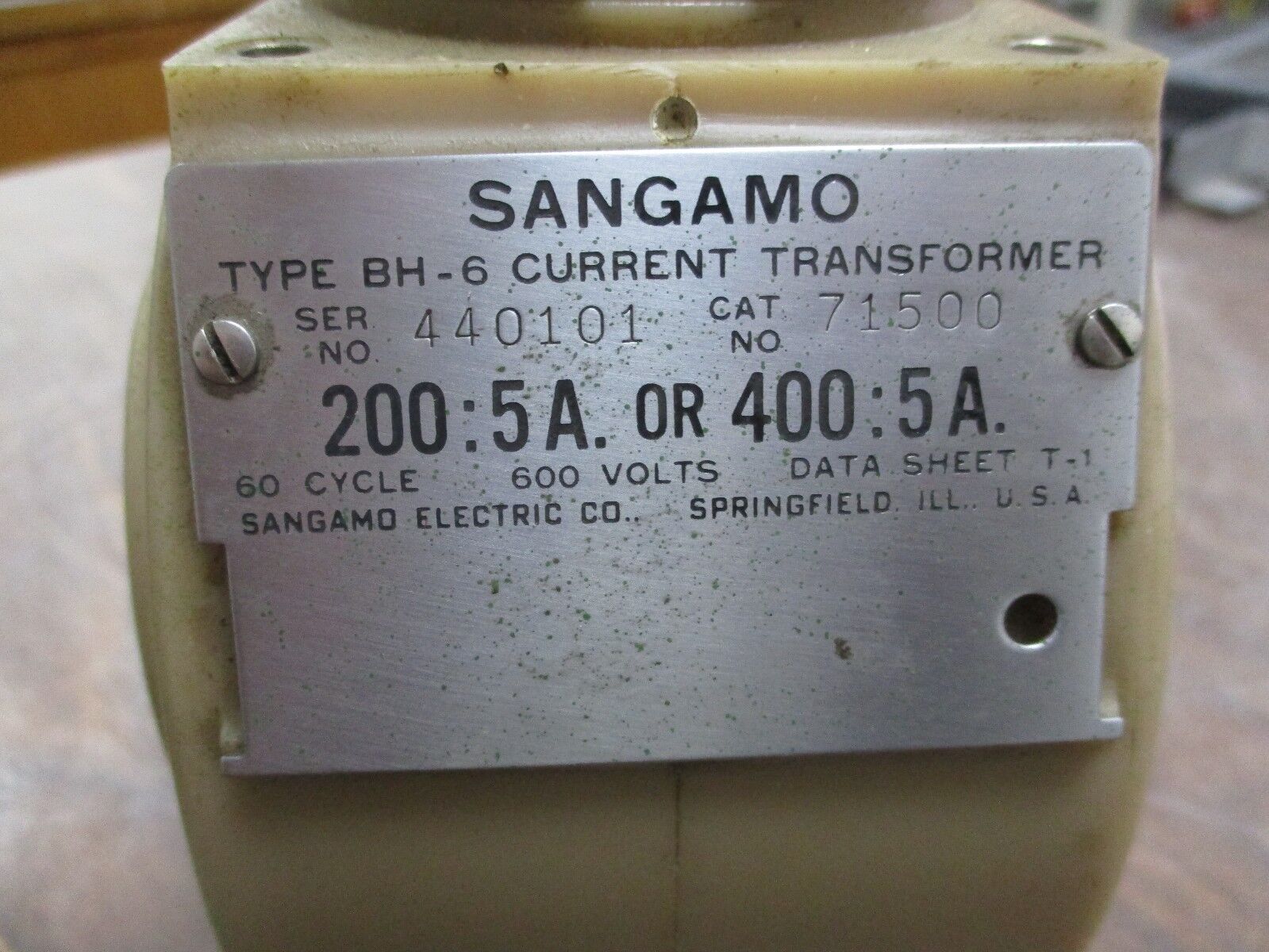 Sangamo Type BH-6 Current Transformer 71500 Ratio 200:5A or 400:5A 600V 60Hz