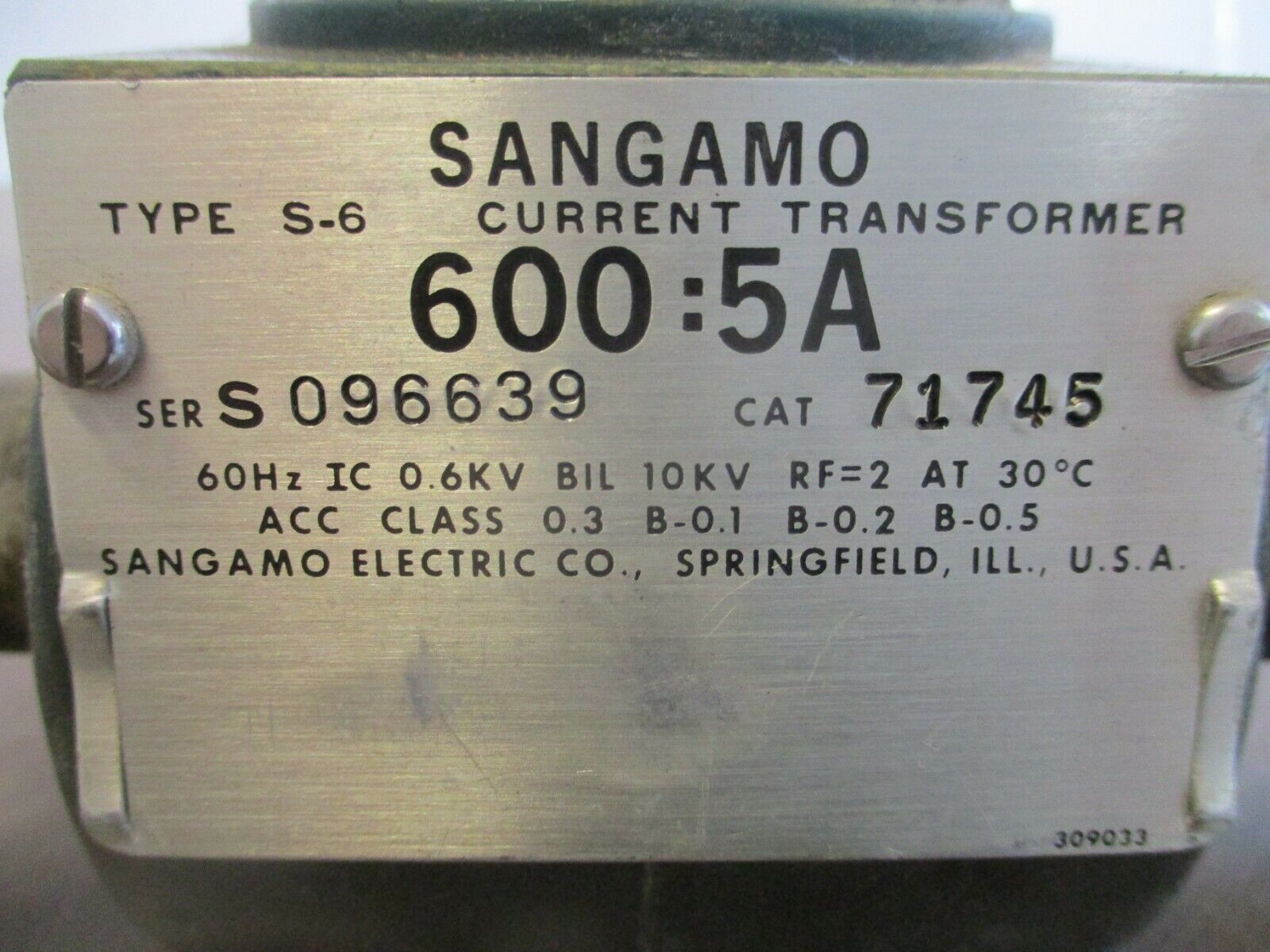 Sangamo Type S-6 Current Transformer 71745 Ratio 600:5A 600V 60Hz Used