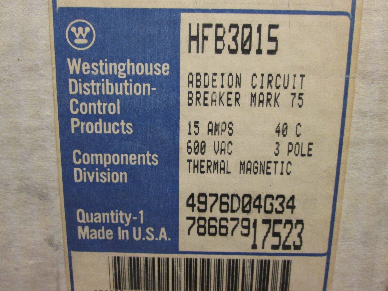 Westinghouse AB DeIon Circuit Breaker Mark 75 HFB3015 15A 600V 3P New Surplus