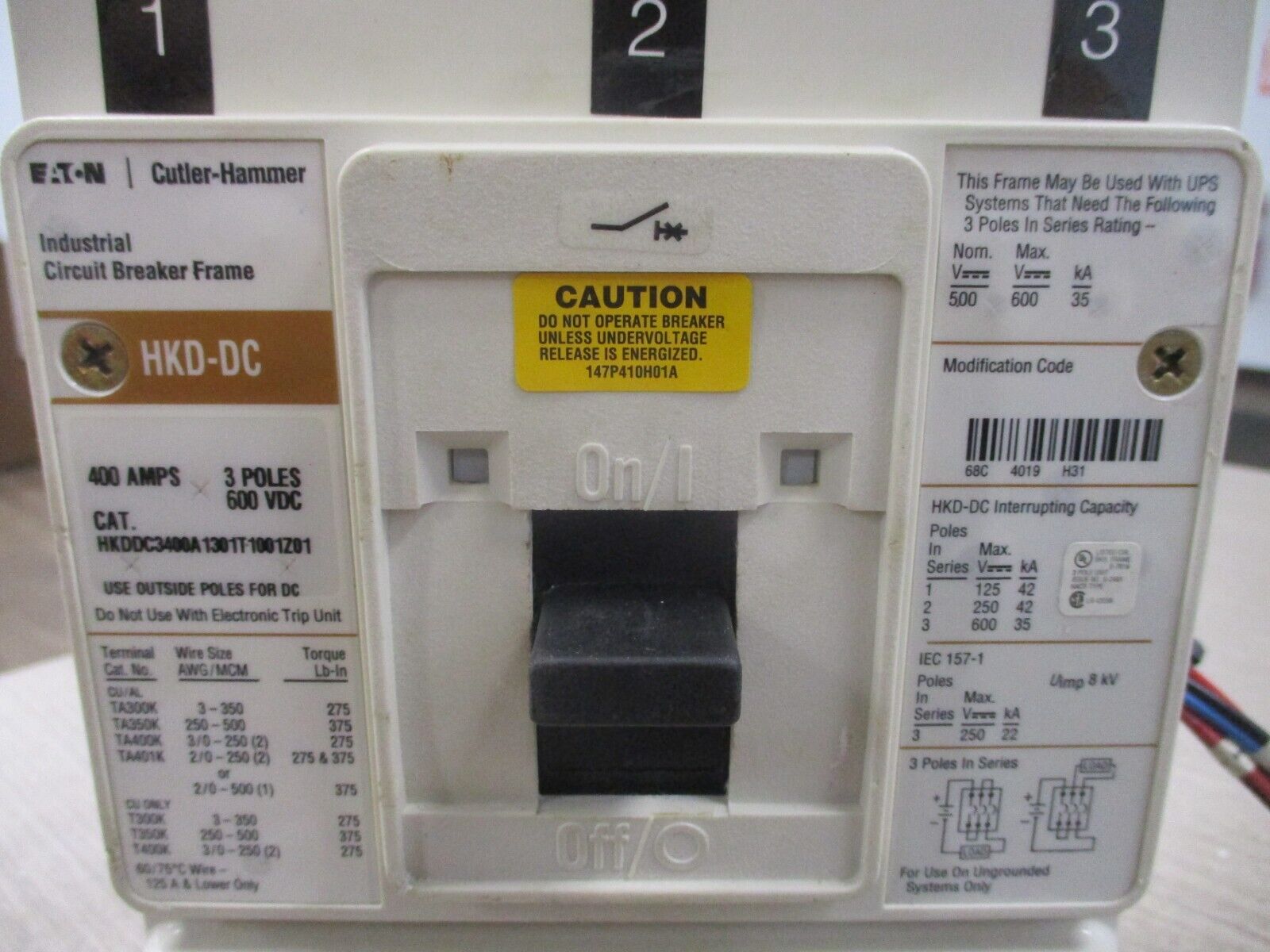 Eaton HKD-DC Circuit Breaker HKDDC 3400A1301T1001201 400A 600VDC 3P Used