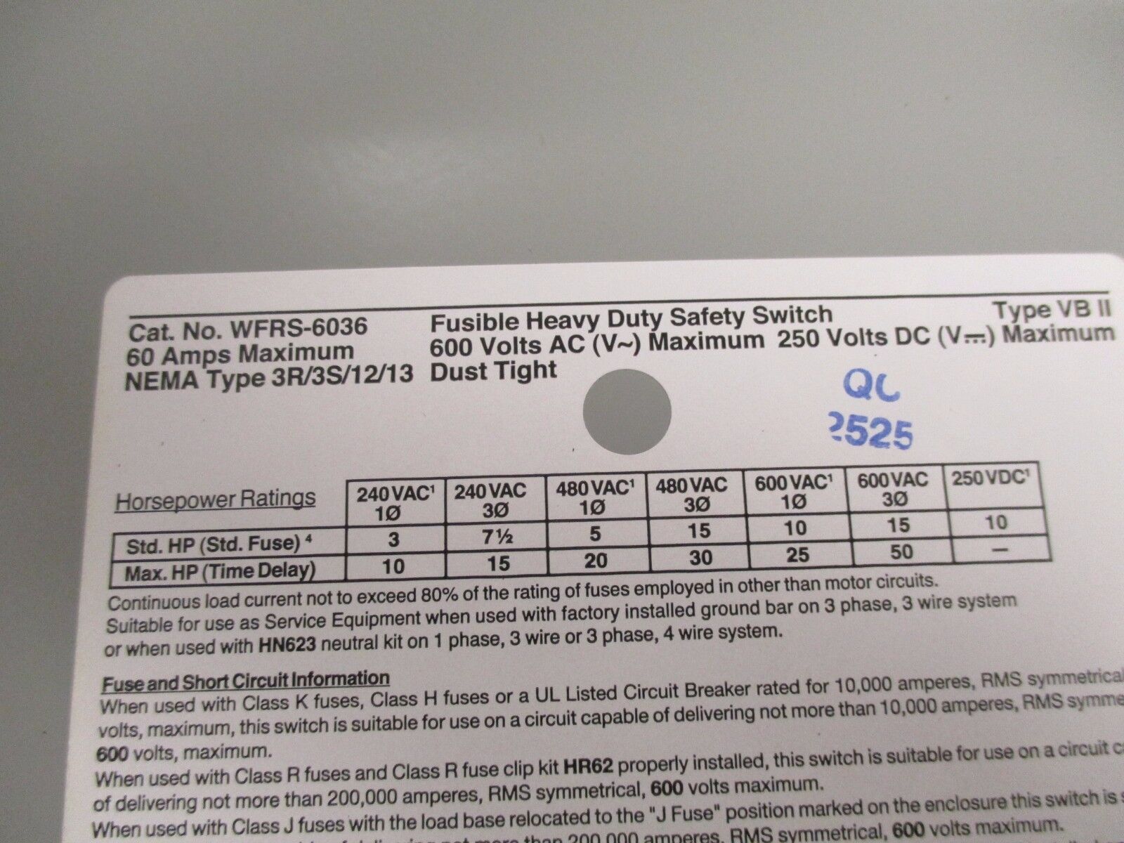 Pyle-National Fusible 3R Safety Switch w/ Receptacle WFRS-6036 60A 600V New Surp