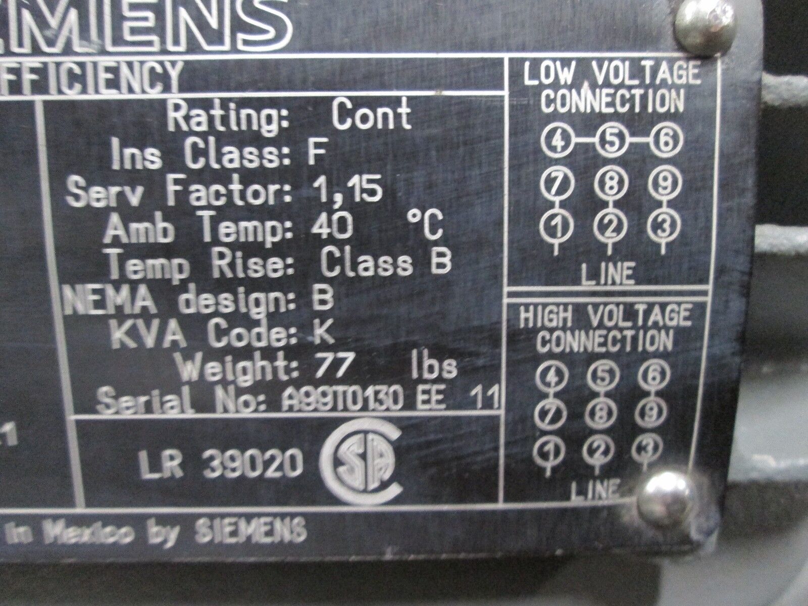 Siemens EPart Motor RGZP 1.5HP 1160RPM 230/460V 4.6/2.3A Used