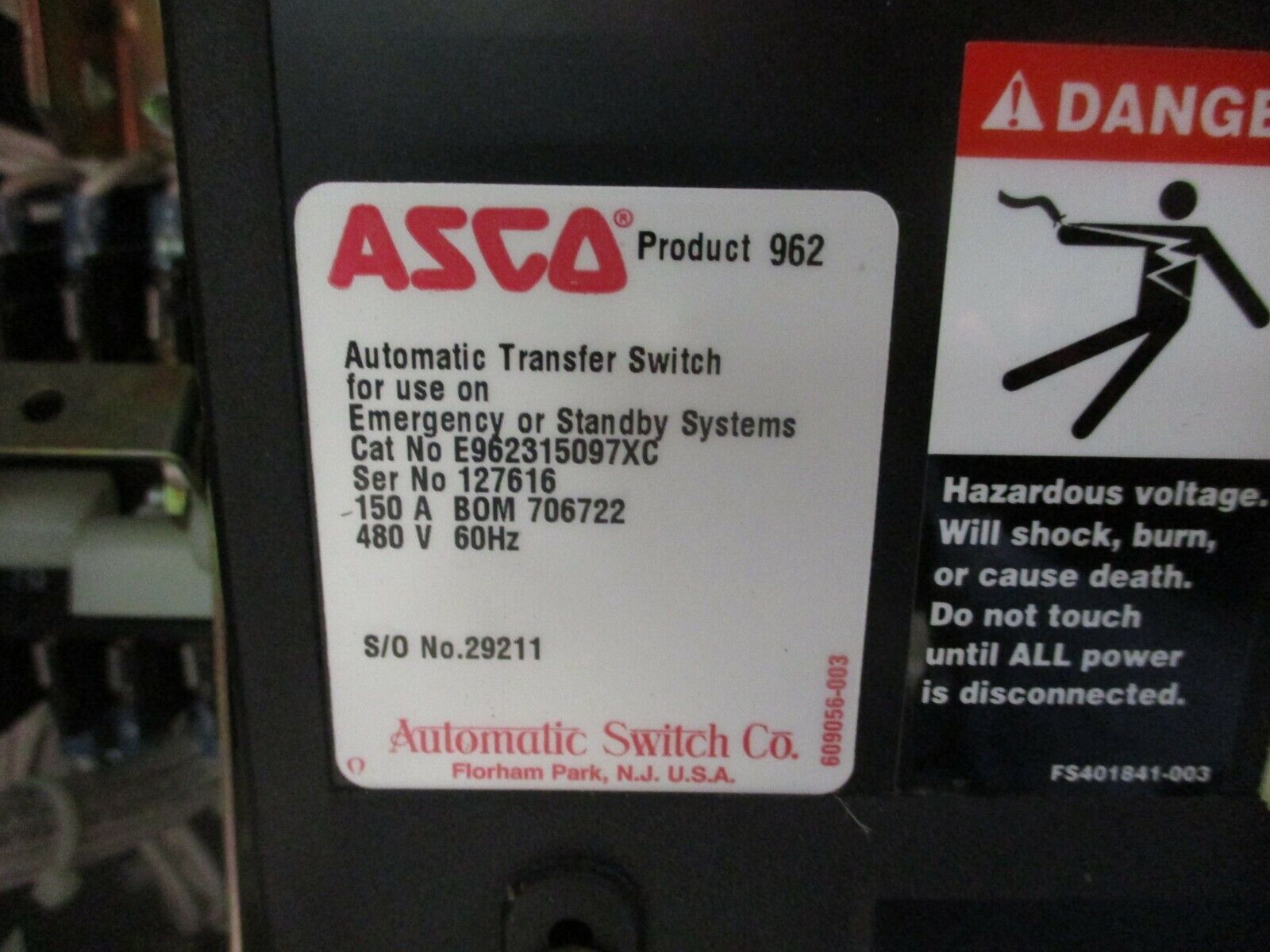 Asco 962 Automatic Transfer Switch w/ Bypass E962315097XC 150A 480V 60Hz Used