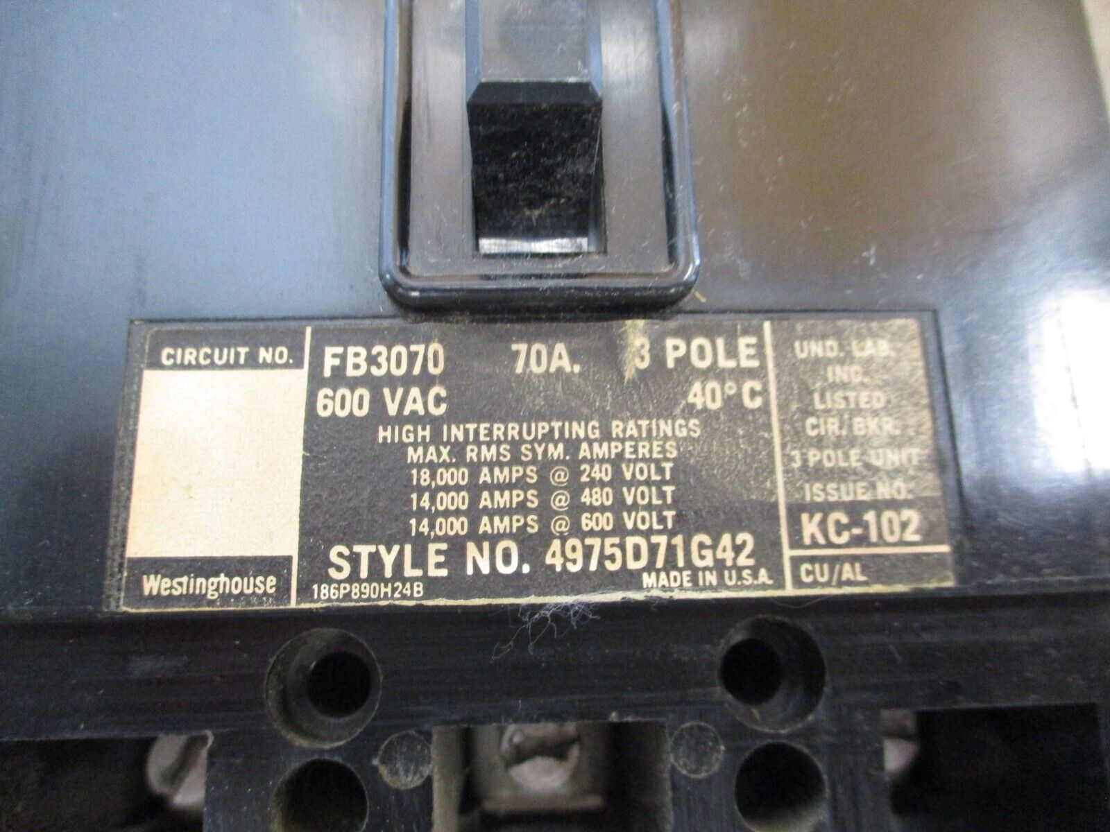 Westinghouse Circuit Breaker FB3070 70A 600V 3P Used