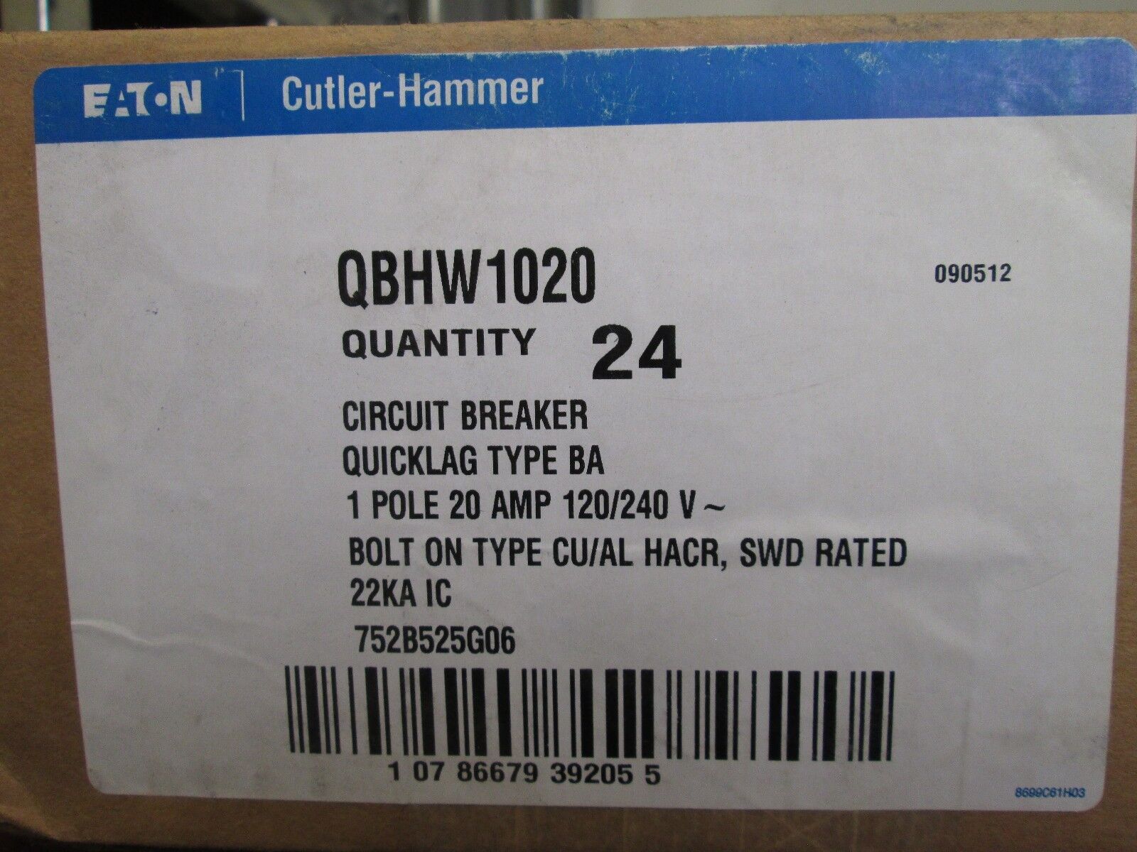 Cutler-Hammer High Interrupting Circuit Breaker QBHW1024 20A 1P *Box of 24*