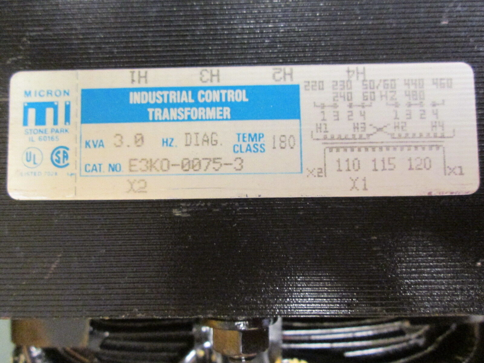 Micron Control Transformer E3K0-0075-3 3KVA Pri: 240/480V Sec: 120V Used