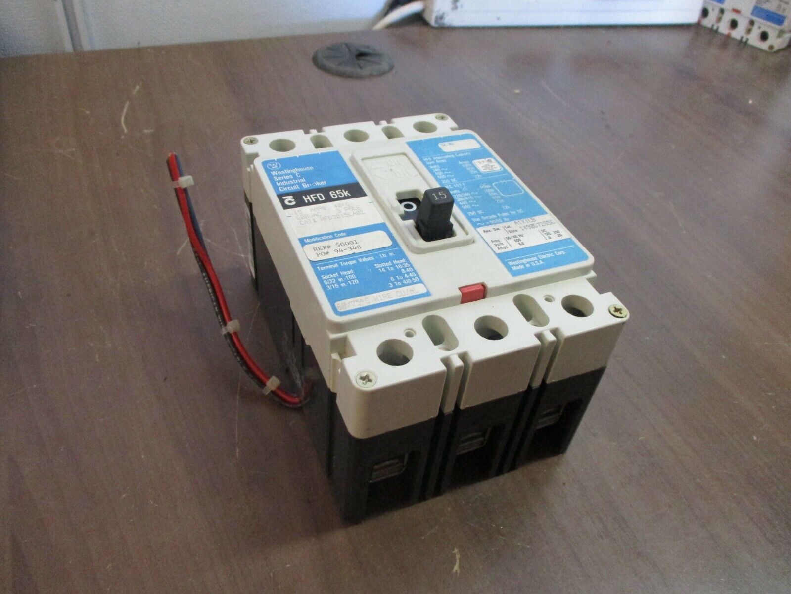 Westinghouse HFD 65K Circuit Breaker w/ Aux HFD3015LA02 15A 480V 3P Used