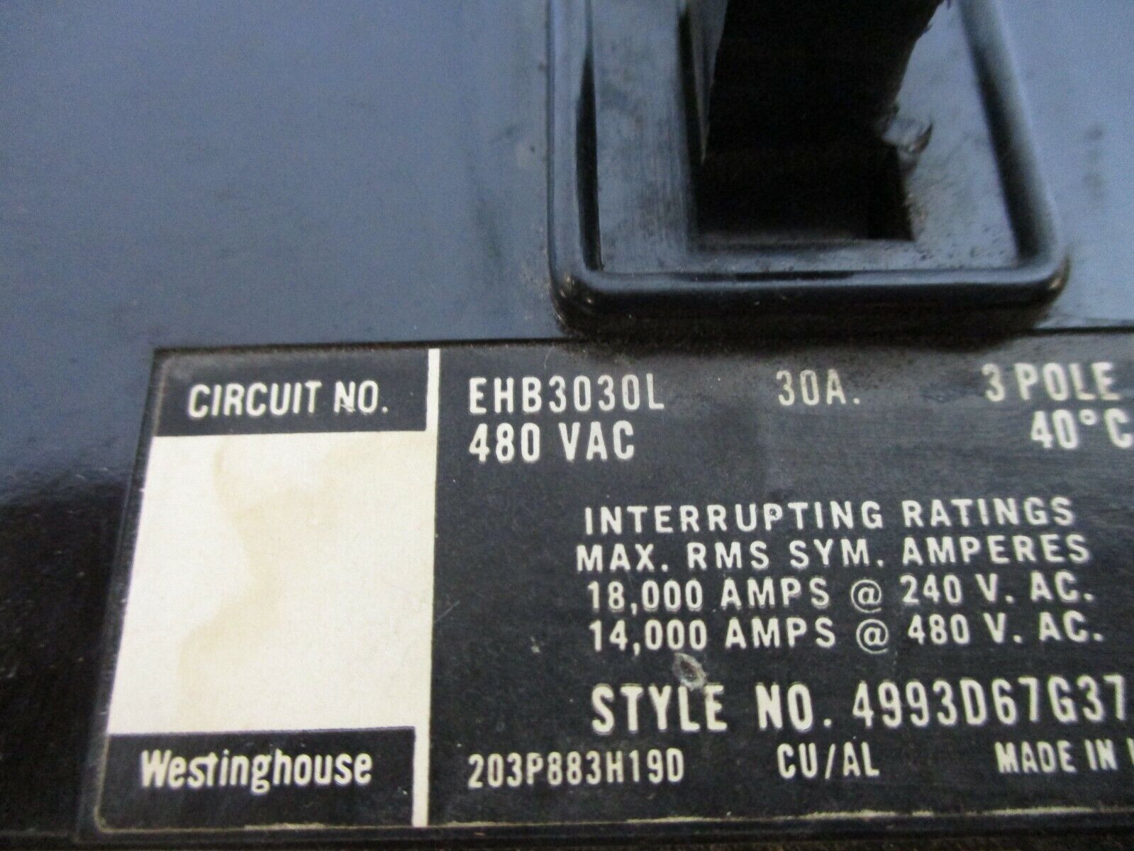 Westinghouse Circuit Breaker EHB3030L 30A 480V 3P Used