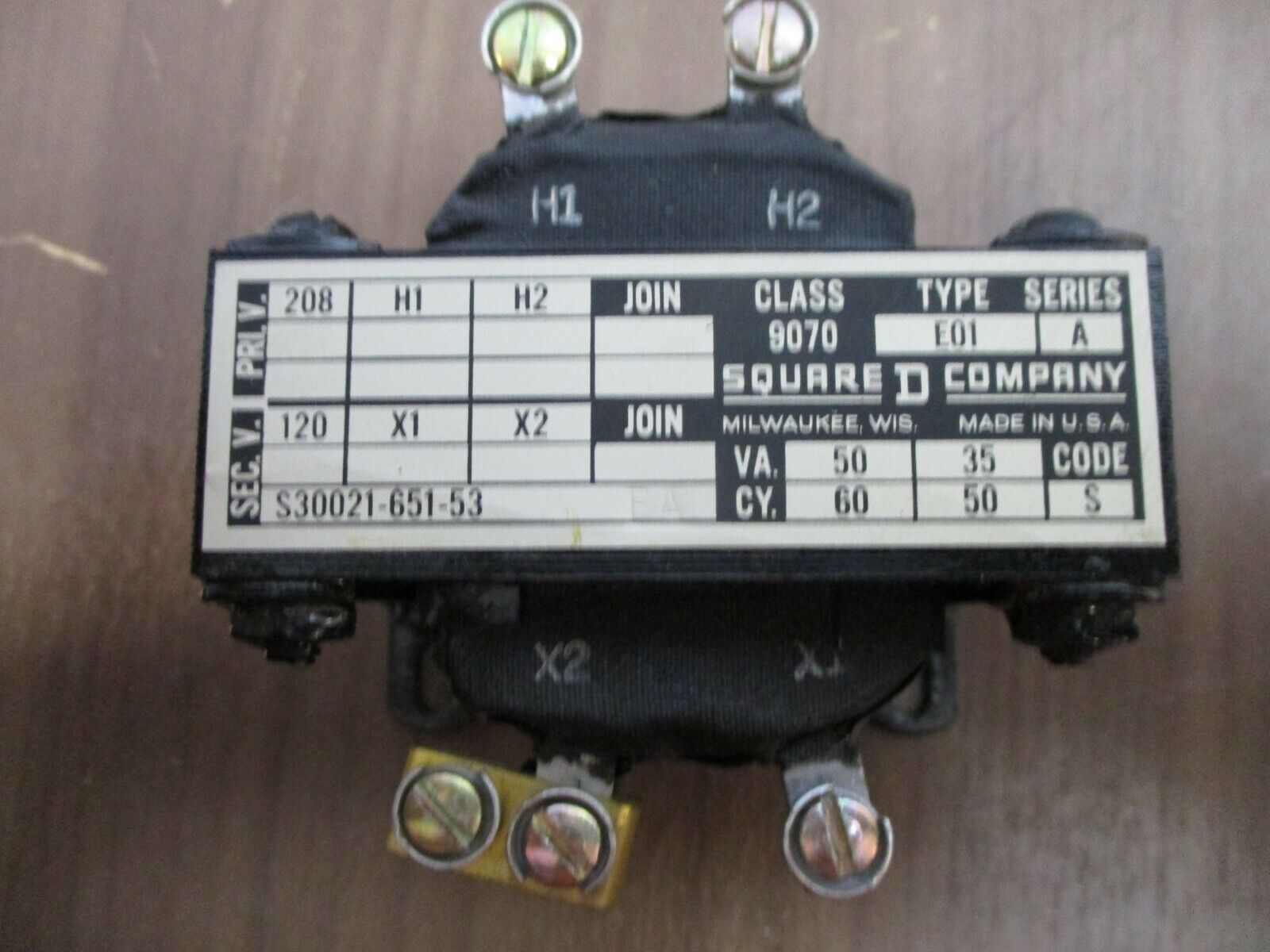 Square D Transformer 9070 E01 Ser. A 50VA Pri: 208V Sec: 120V Used