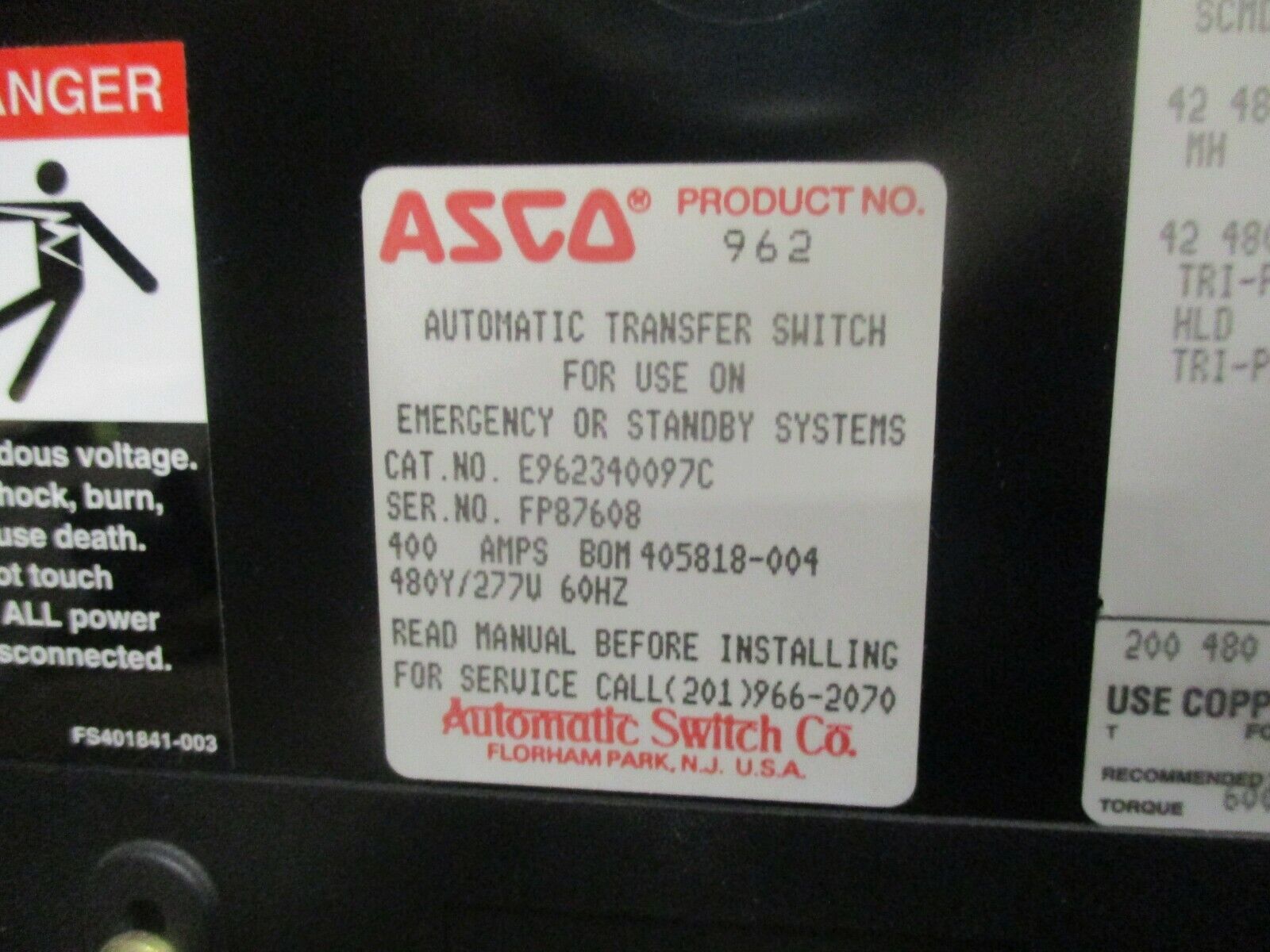 Asco 962 Automatic Transfer Switch w/ Bypass E962340097C 400A 480Y/277V 60Hz